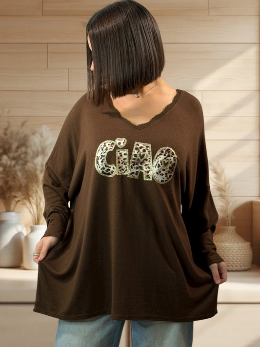 CIAO - PULL MARRON EN MAILLE FLUIDE JUSQU'A LA TAILLE 54/56