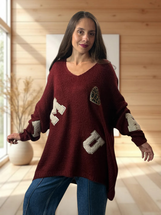 JAMES - PULL OVERSIZE BORDEAUX JUSQU'A LA TAILLE 56
