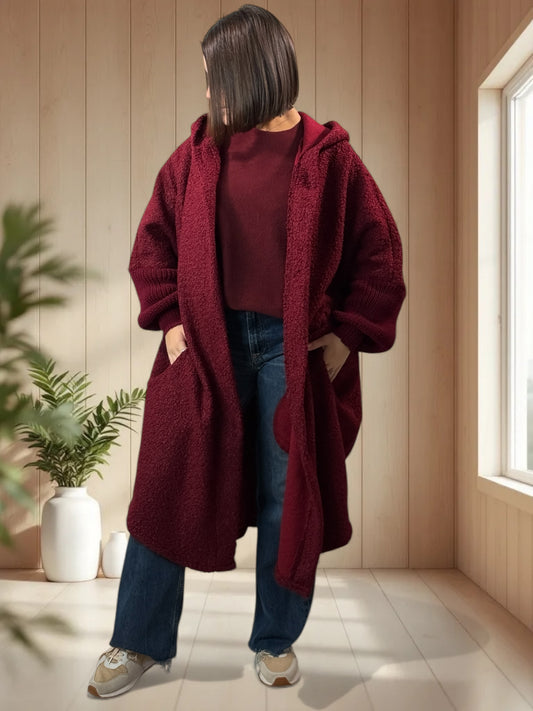 VIRGINIE - MANTEAU OVERSIZE BORDEAUX A CAPUCHE JUSQU'A LA TAILLE 54