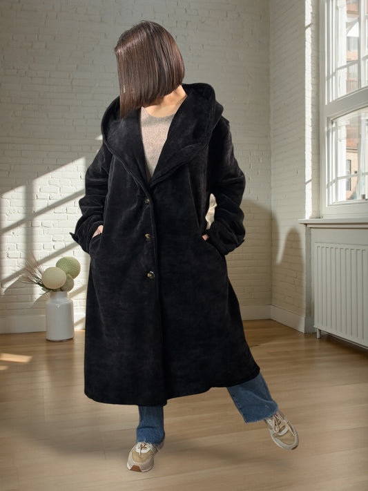 CARLOTA - MANTEAU OVERSIZE NOIR A CAPUCHE JUSQU'A LA TAILLE 56/58