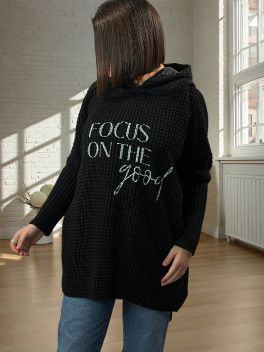 MIKA - PULL OVERSIZE NOIR AVEC CAPUCHE JUSQU'A LA TAILLE 56/58