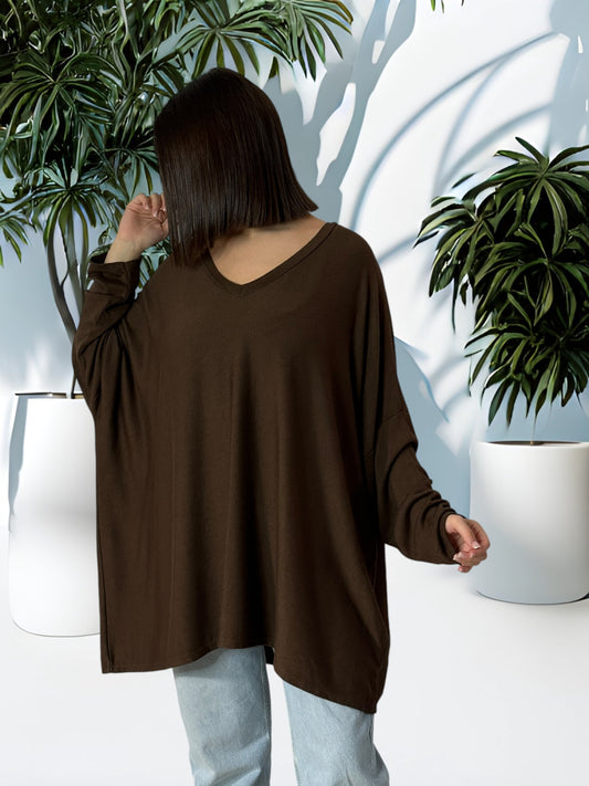 OSCAR - PULL OVERSIZE MARRON EN MAILLE FLUIDE JUSQU'A LA TAILLE 56