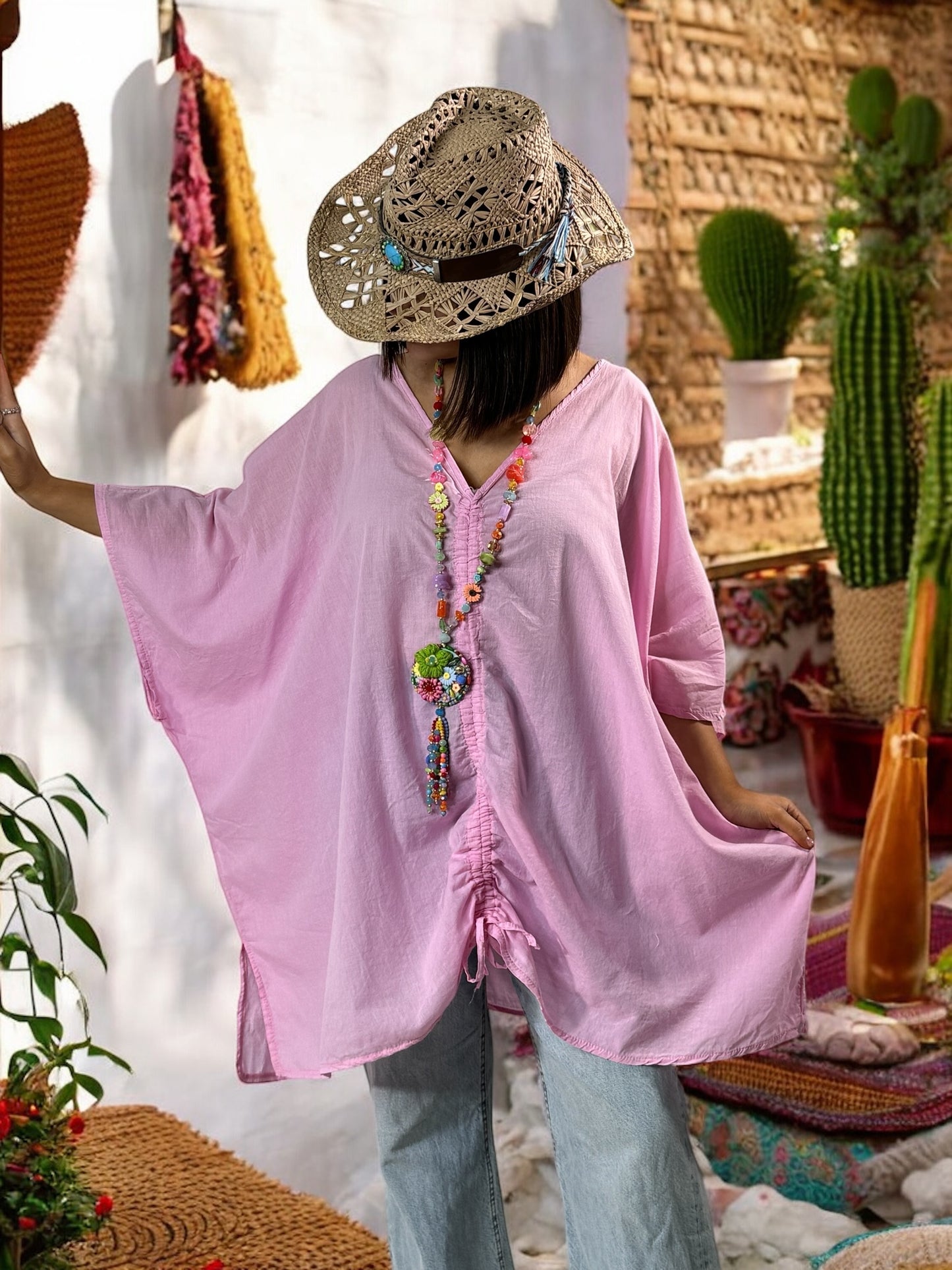 EMILIE - TUNIQUE OVERSIZE ROSE EN COTON JUSQU'A LA TAILLE 58