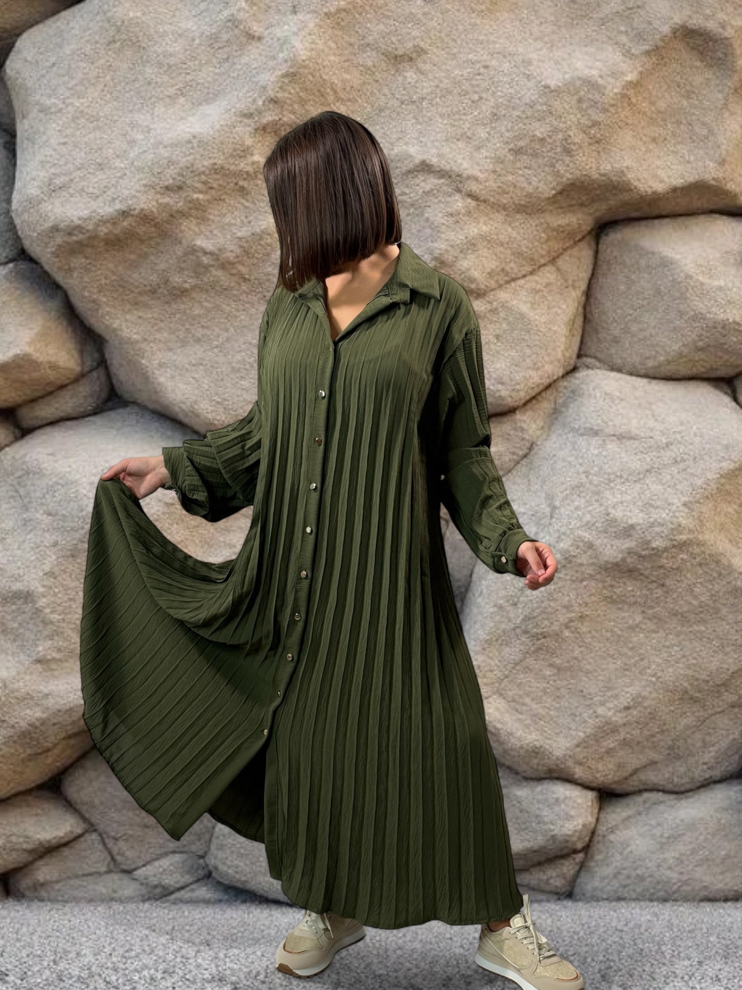 MAROUSSIA - ROBE KAKI PLIS SOLEIL JUSQU'A LA TAILLE 56