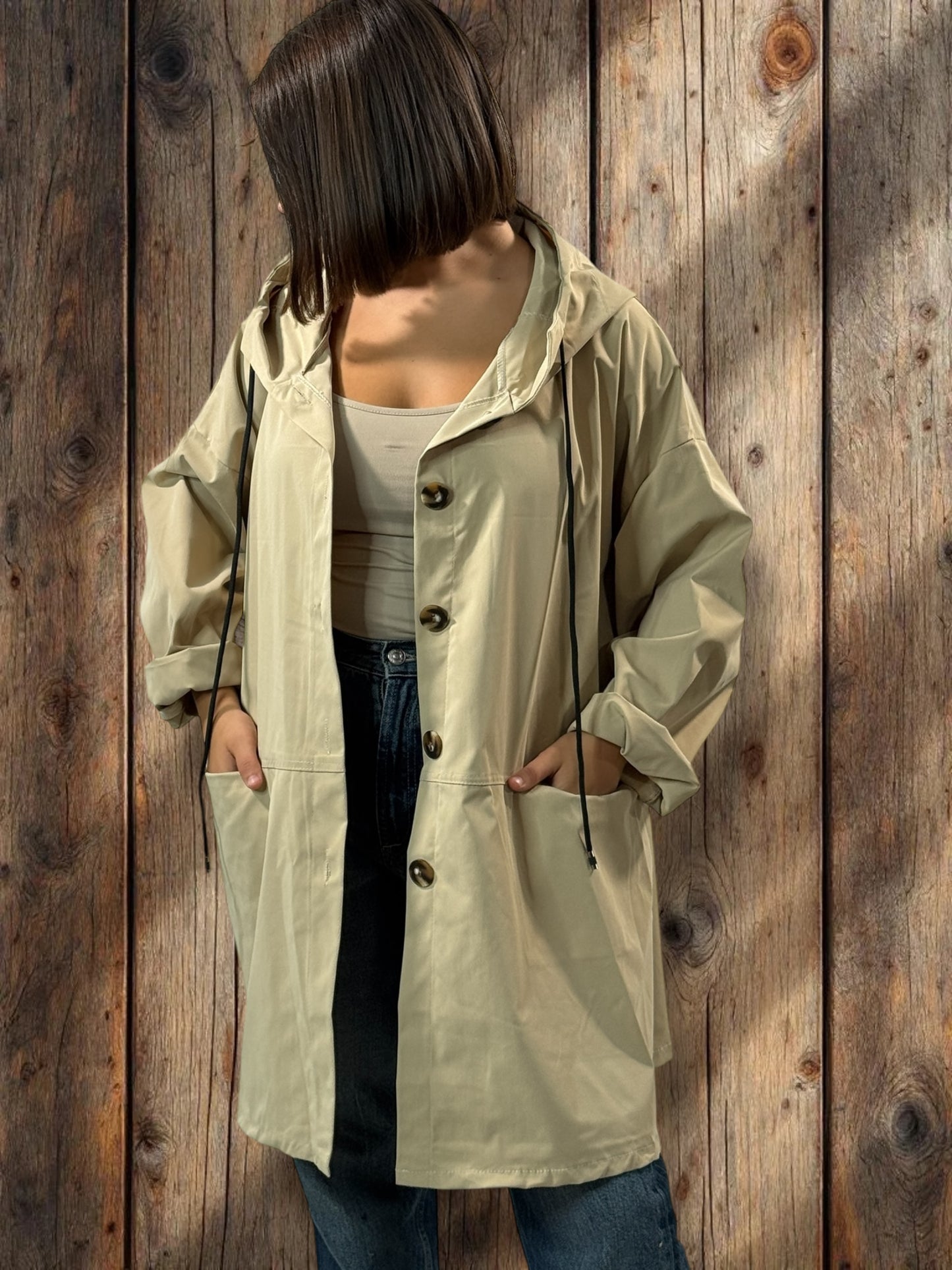 DORIAN - VESTE TRENCH BEIGE OVERSIZE A CAPUCHE JUSQU'A LA TAILLE 56
