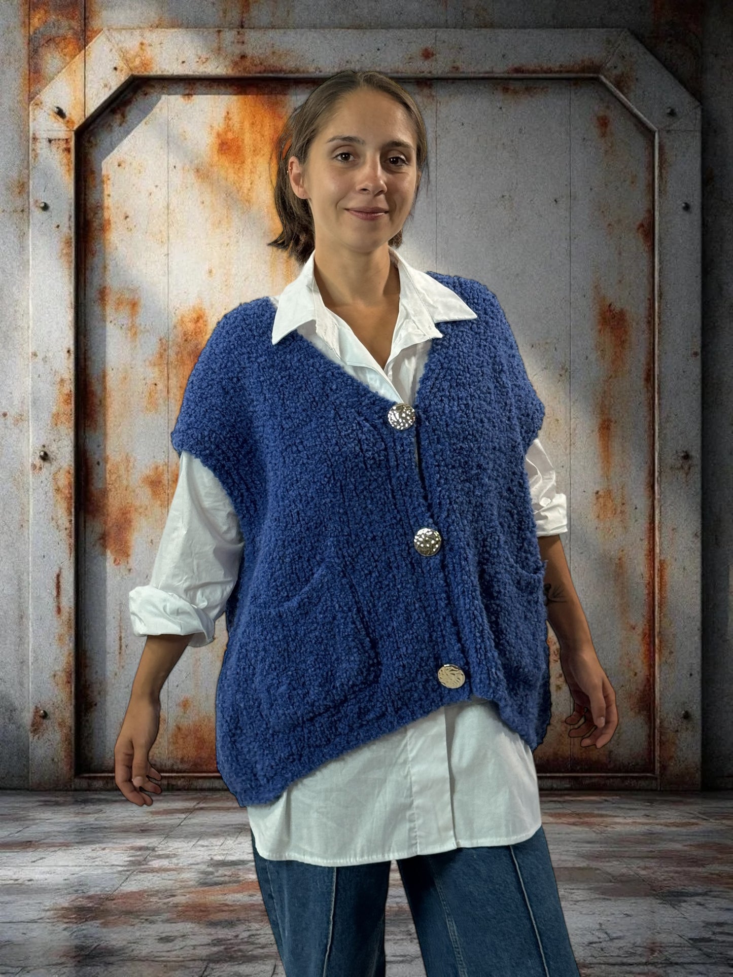 NICO - GILET BLEU SANS MANCHES 2 POCHES JUSQU'A LA TAILLE 56