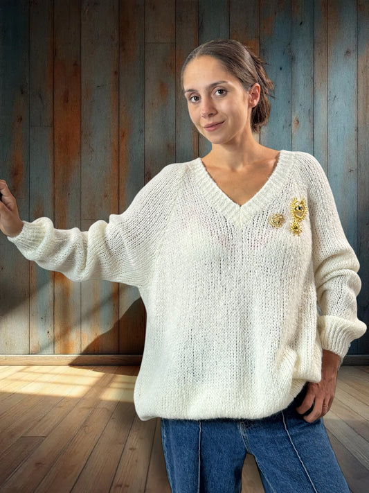 MATTEO - PULL BLANC CASSE AVEC MOHAIR JUSQU'A LA TAILLE 54