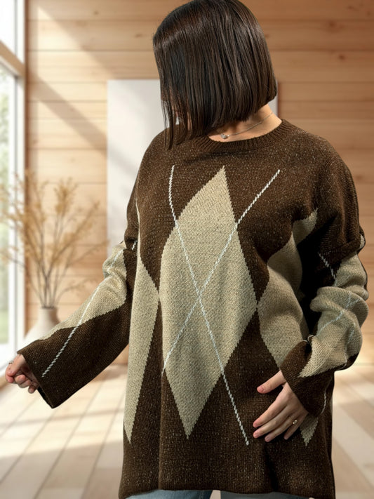 NOTTINGHAM - PULL OVERSIZE TARTAN MARRON JUSQU'A LA TAILLE 52