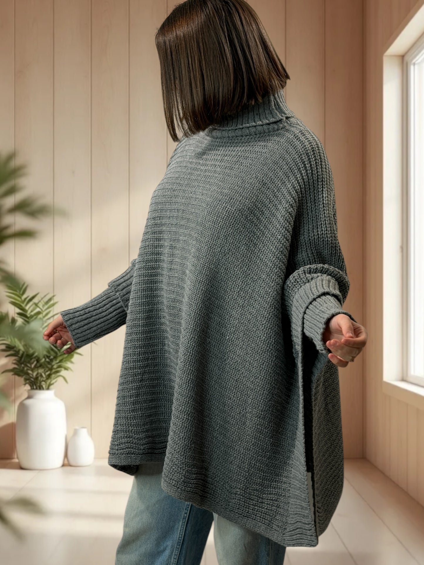 HELLO - PULL PONCHO GRIS OVERSIZE JUSQU'A LA TAILLE 56/58