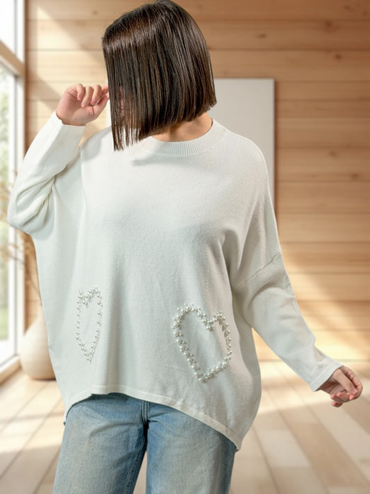 GLORIA - PULL OVERSIZE BLANC CASSE AVEC PERLE JUSQU'A LA TAILLE 52/54