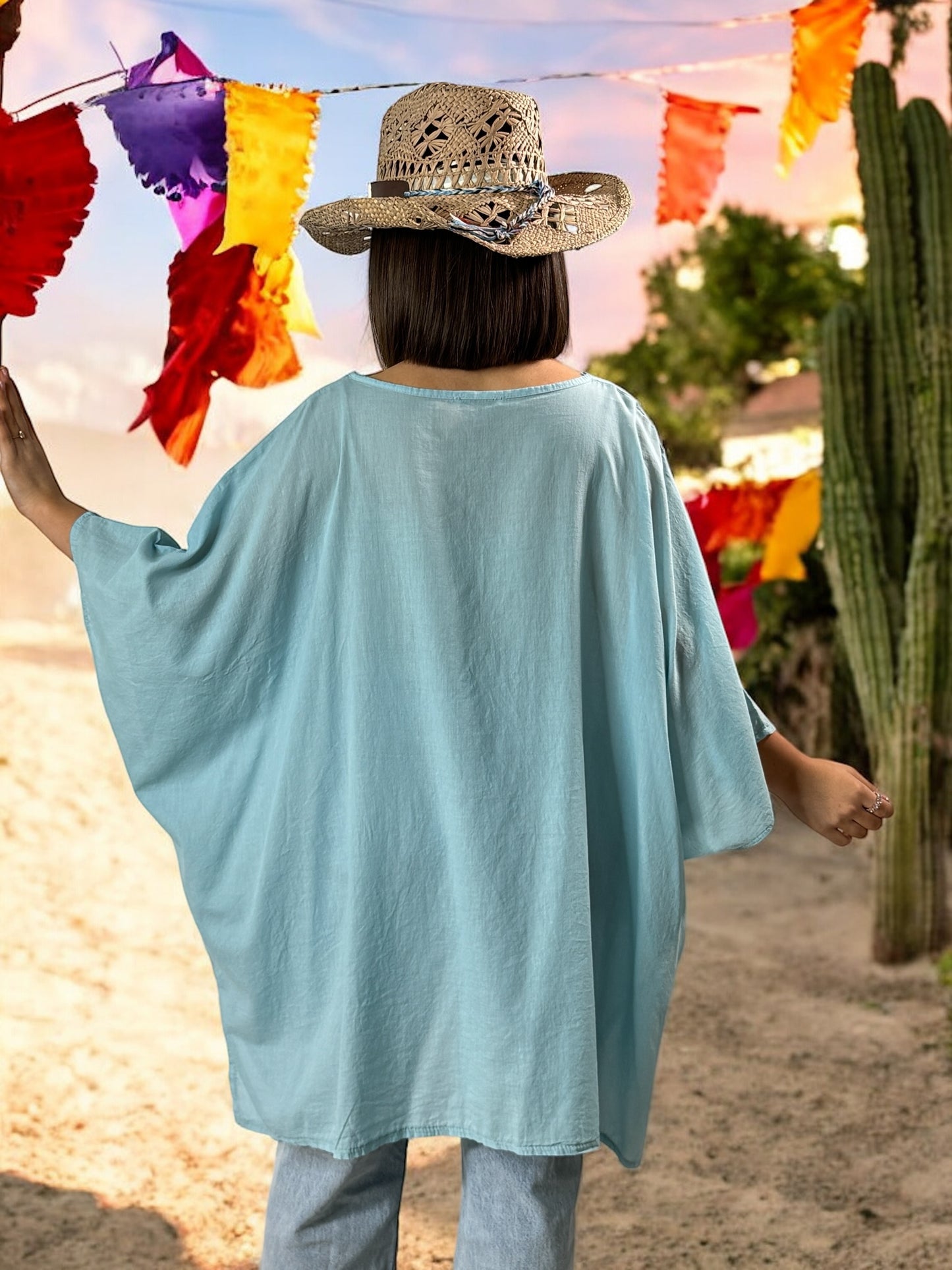 EMILIE - TUNIQUE OVERSIZE BLEUE EN COTON JUSQU'A LA TAILLE 58