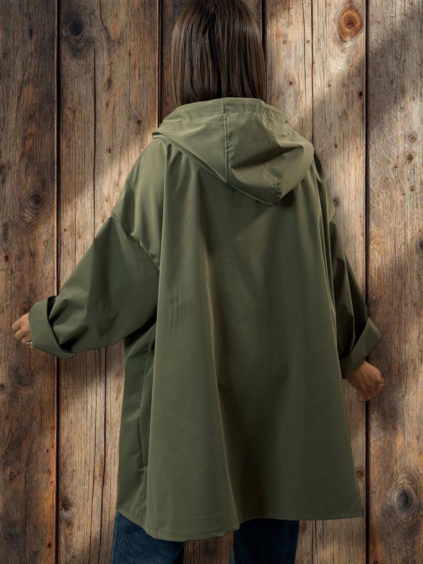 DORIAN - VESTE TRENCH KAKI OVERSIZE A CAPUCHE JUSQU'A LA TAILLE 56