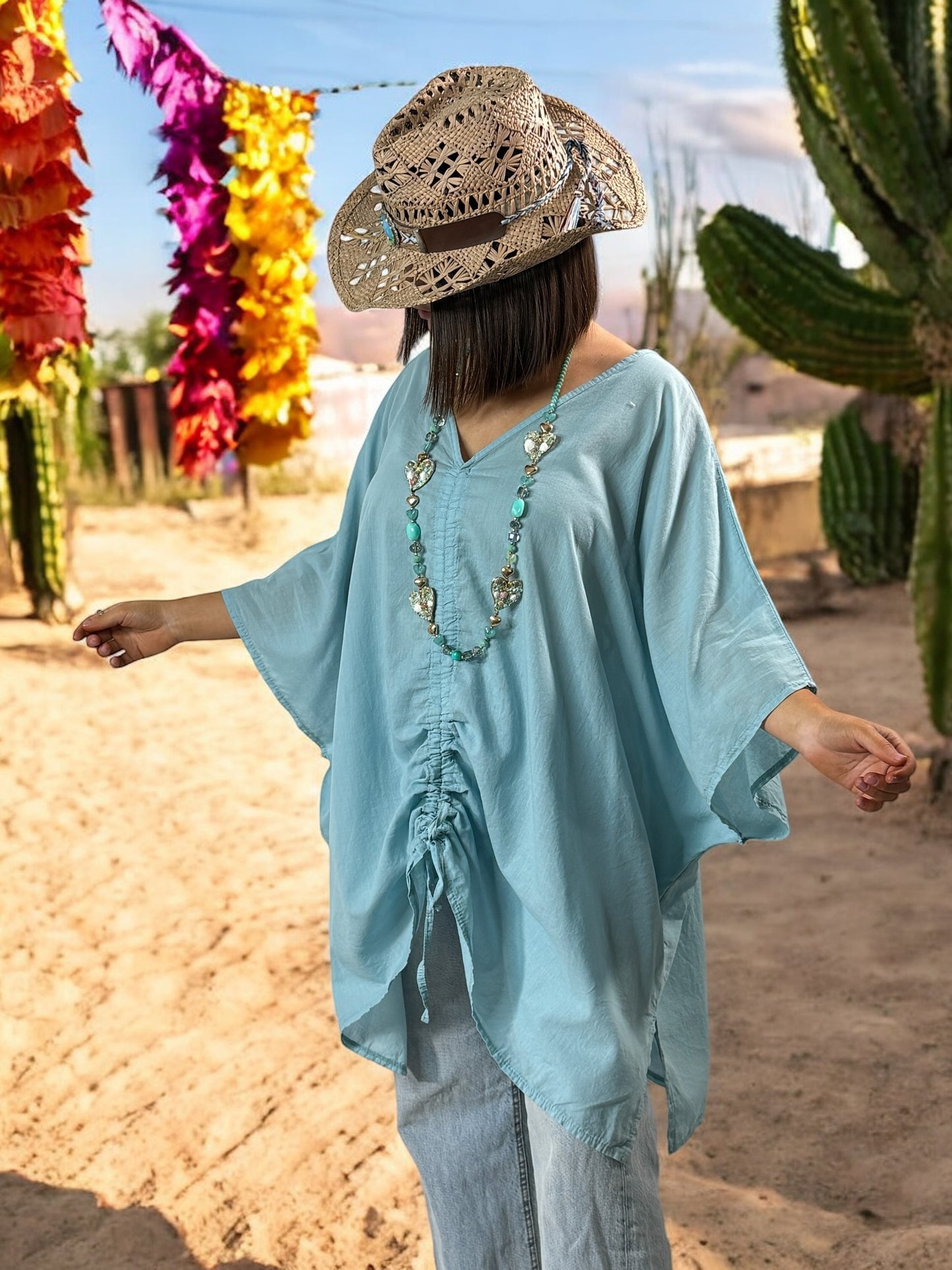 EMILIE - TUNIQUE OVERSIZE BLEUE EN COTON JUSQU'A LA TAILLE 58