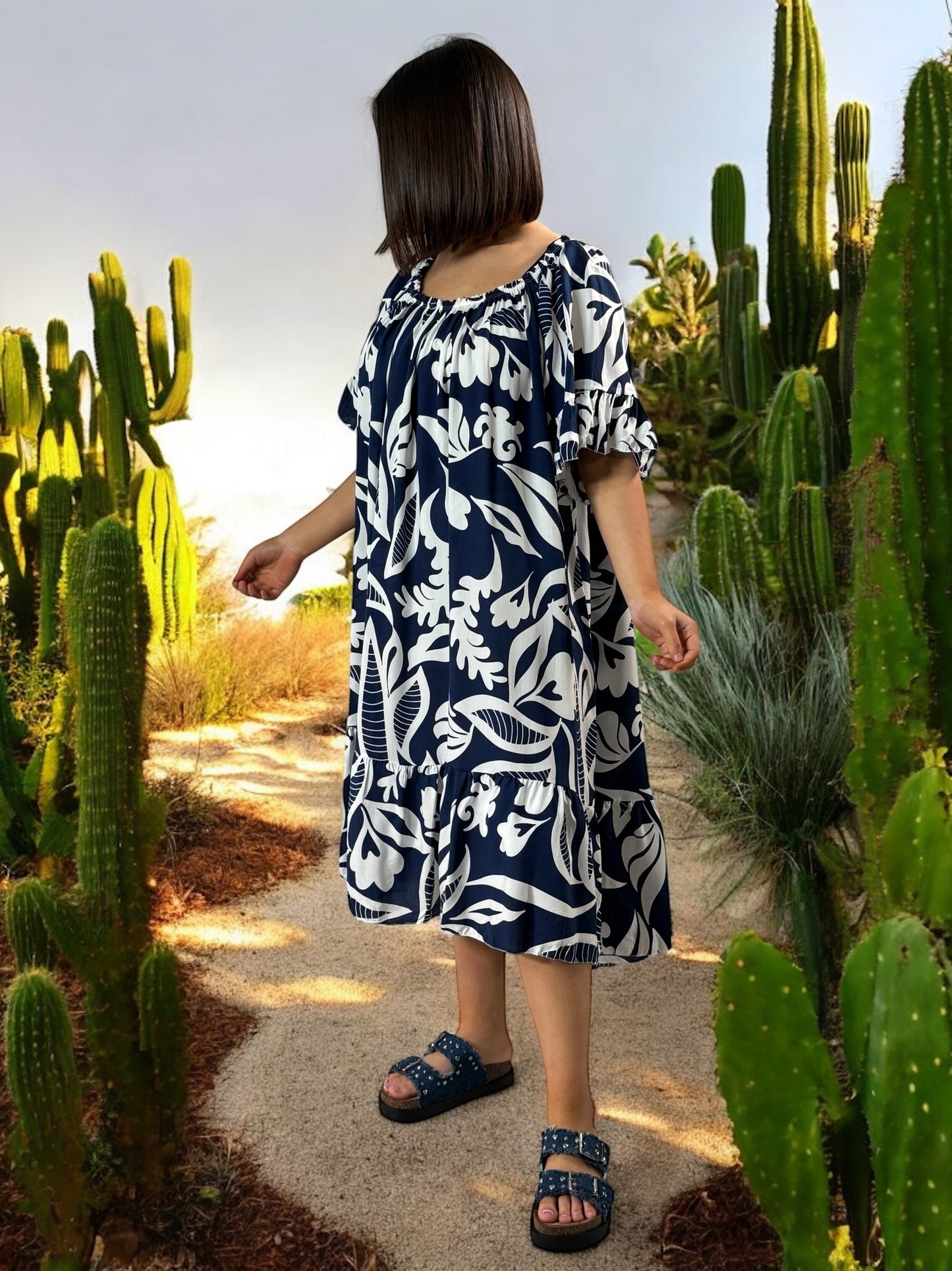 BANDOL - ROBE OVERSIZE MARINE A MOTIF JUSQU'A LA TAILLE 56