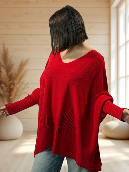 ZAZA - PULL OVERSIZE ROUGE MOTIF ETOILE JUSQU'A LA TAILLE 56