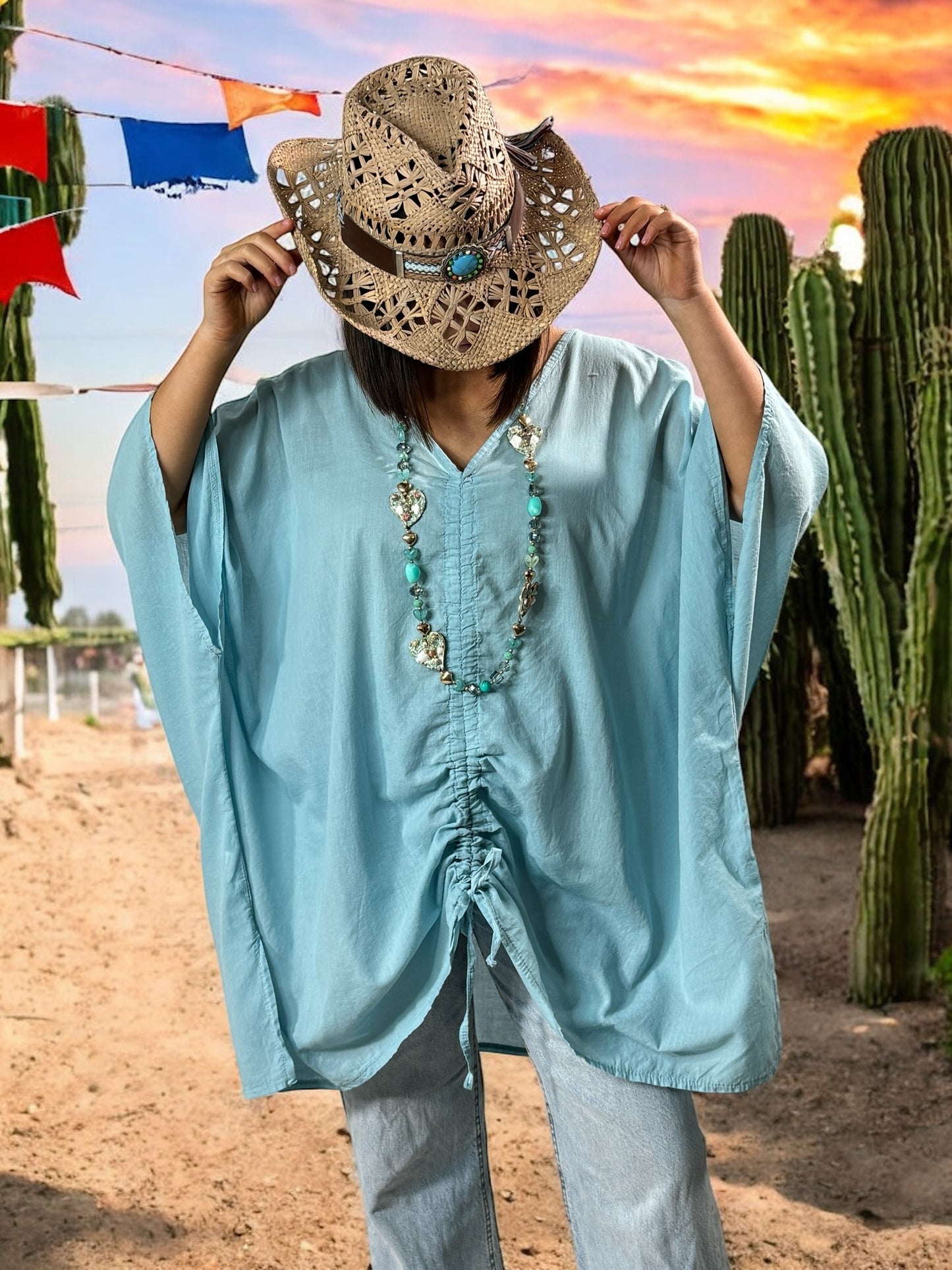 EMILIE - TUNIQUE OVERSIZE BLEUE EN COTON JUSQU'A LA TAILLE 58