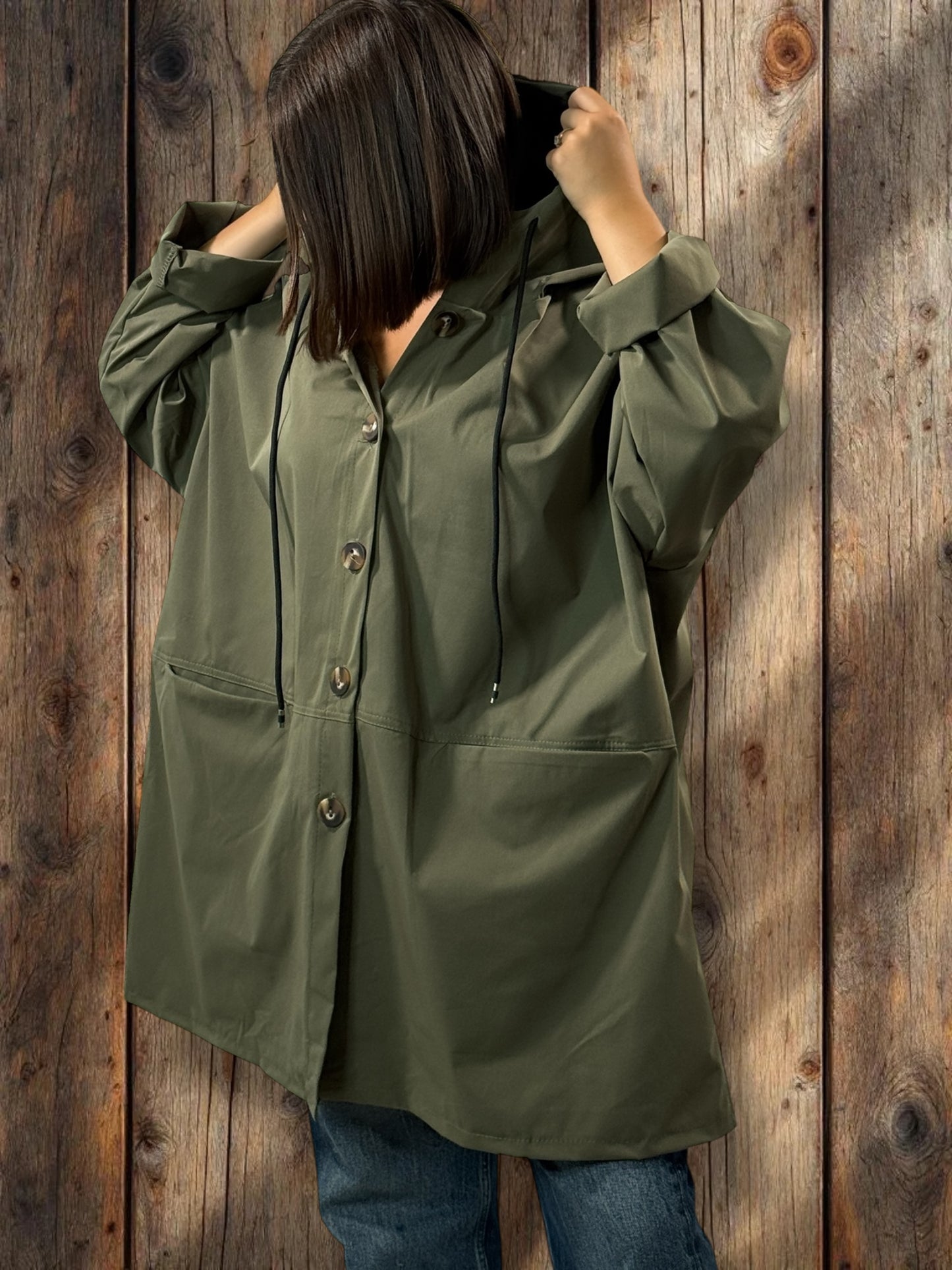 DORIAN - VESTE TRENCH KAKI OVERSIZE A CAPUCHE JUSQU'A LA TAILLE 56