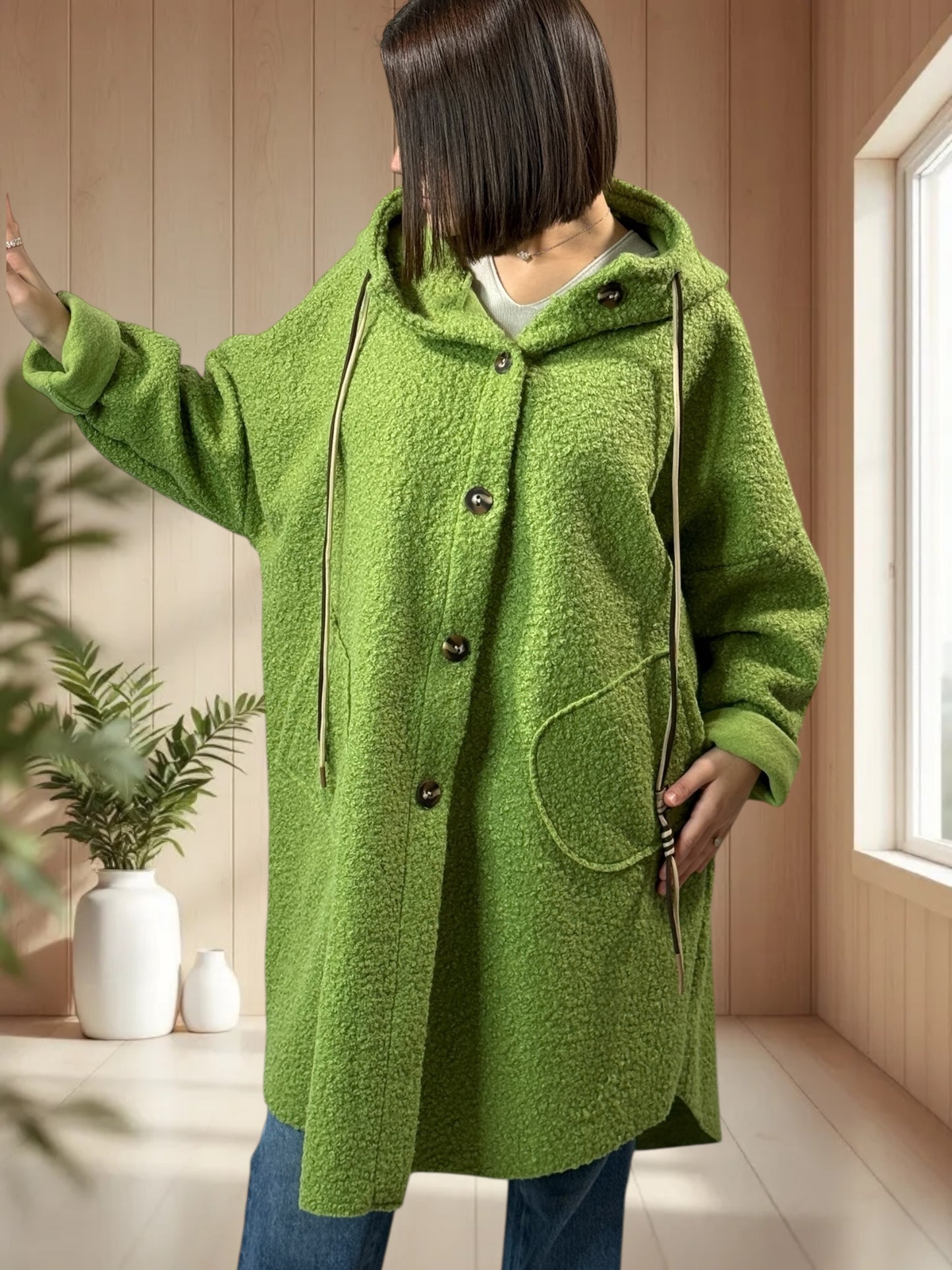 CAPRICE - VESTE OVERSIZE VERT A CAPUCHE JUSQU'A LA TAILLE 54