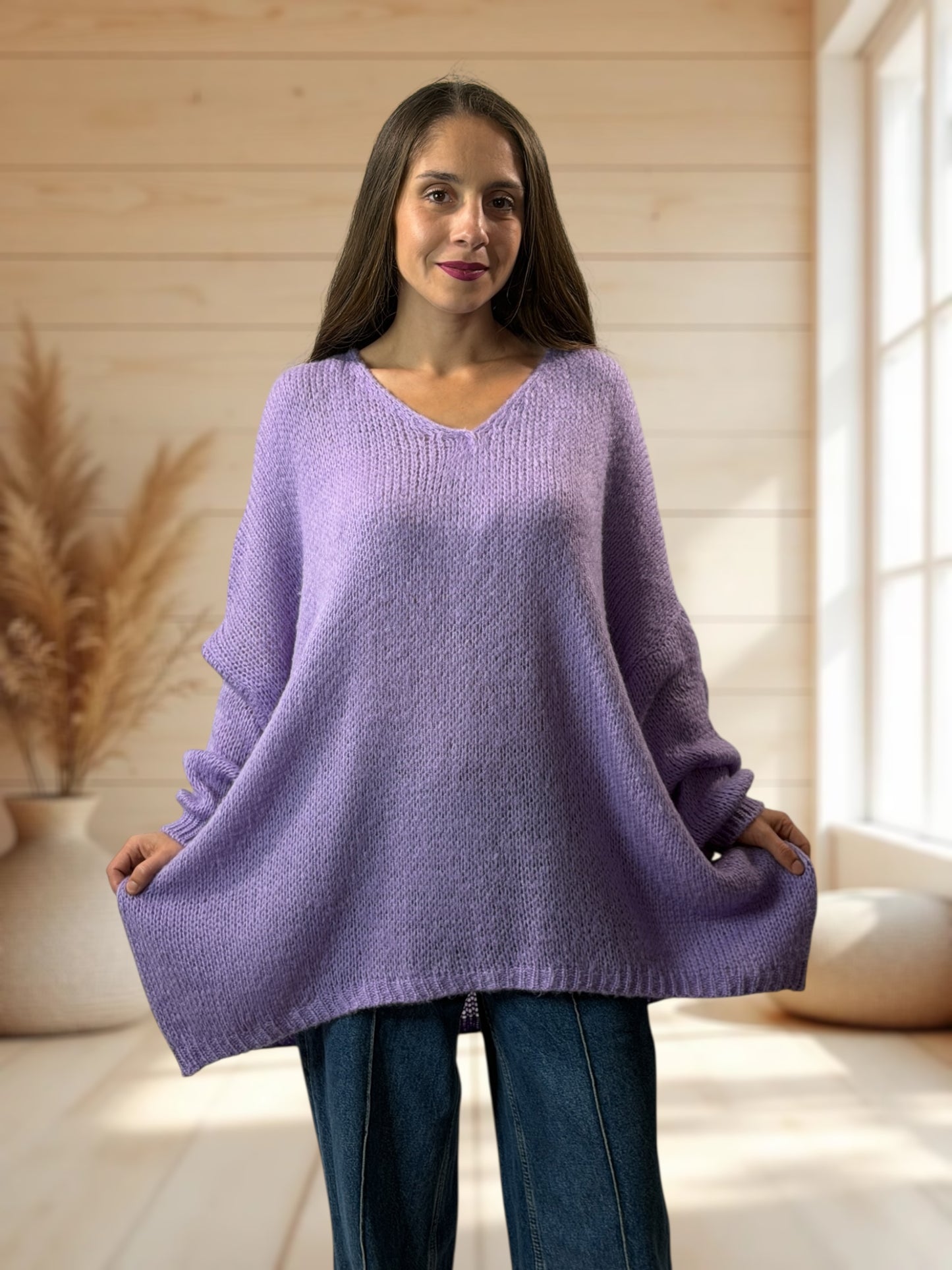 RICKOU - PULL OVERSIZE LILAS MOTIF SOLEIL JUSQU'A LA TAILLE 56