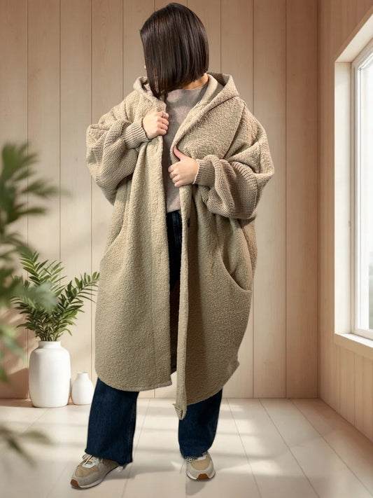VIRGINIE - MANTEAU OVERSIZE BEIGE A CAPUCHE JUSQU'A LA TAILLE 54