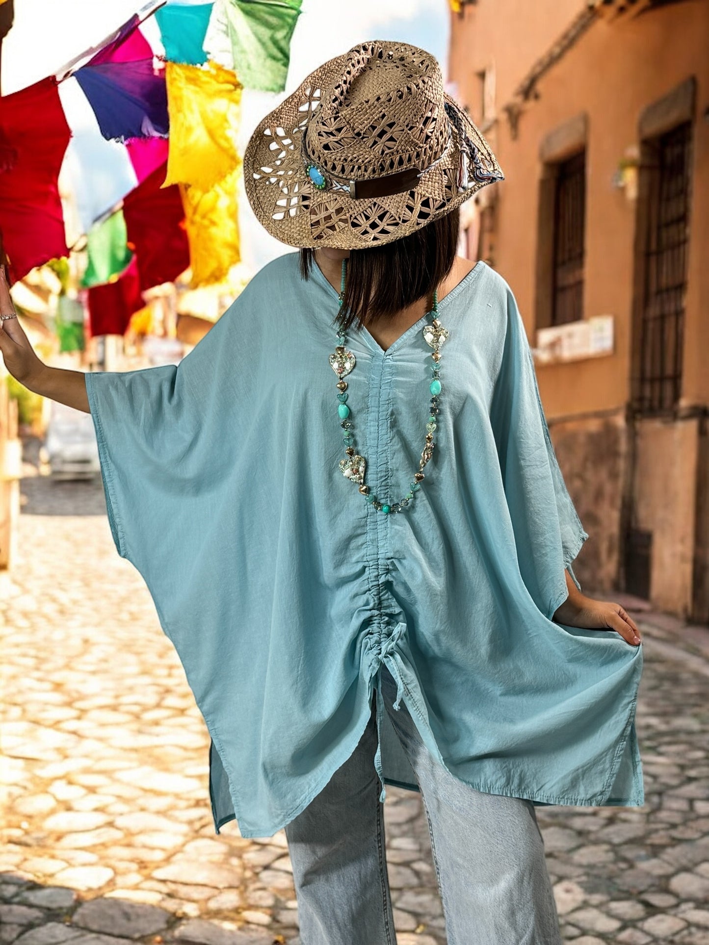 EMILIE - TUNIQUE OVERSIZE BLEUE EN COTON JUSQU'A LA TAILLE 58