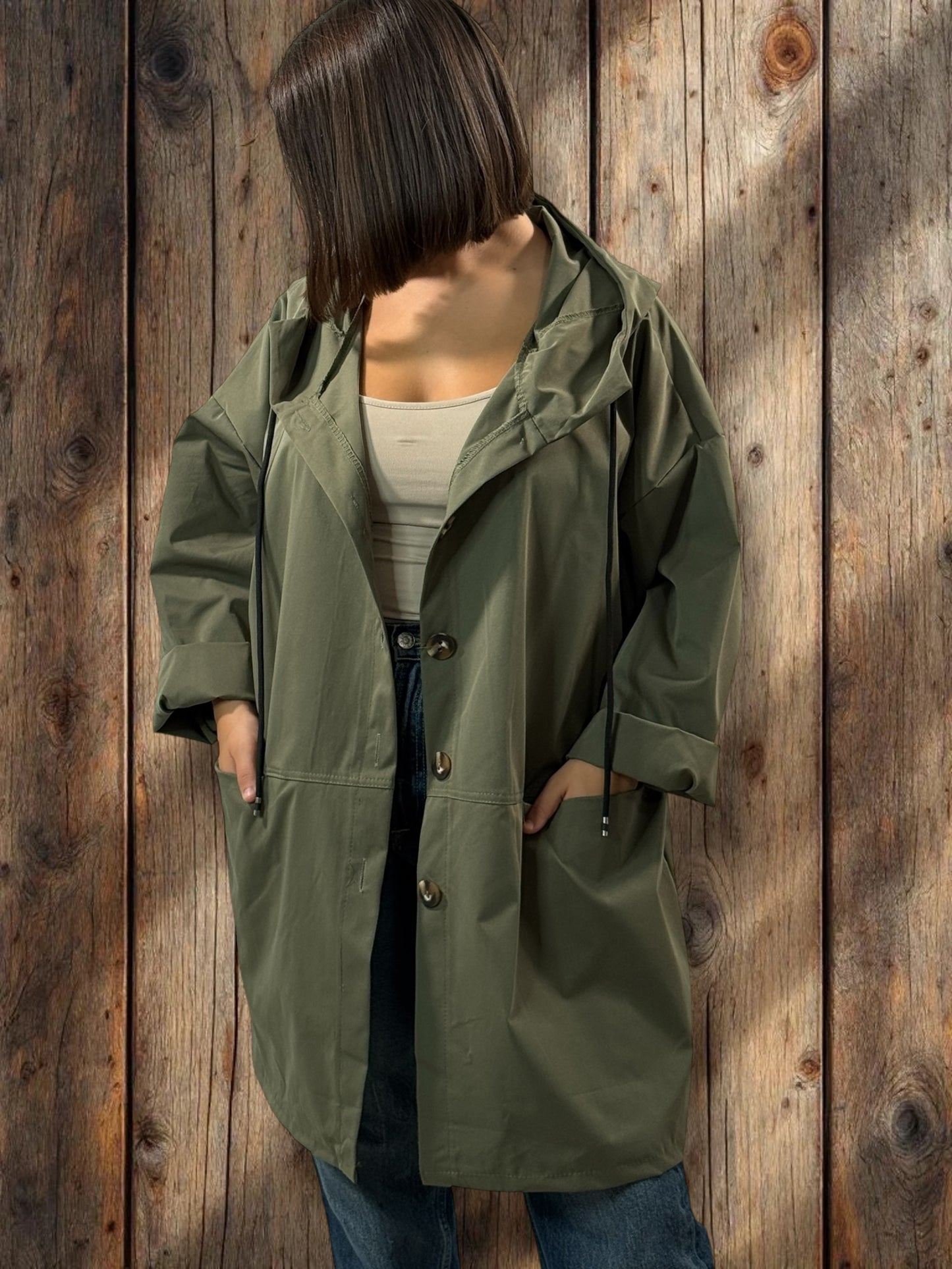 DORIAN - VESTE TRENCH KAKI OVERSIZE A CAPUCHE JUSQU'A LA TAILLE 56