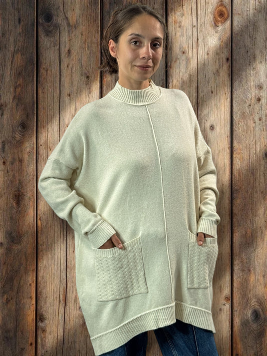 PATOU - PULL BEIGE 2 POCHES JUSQU'A LA TAILLE 54