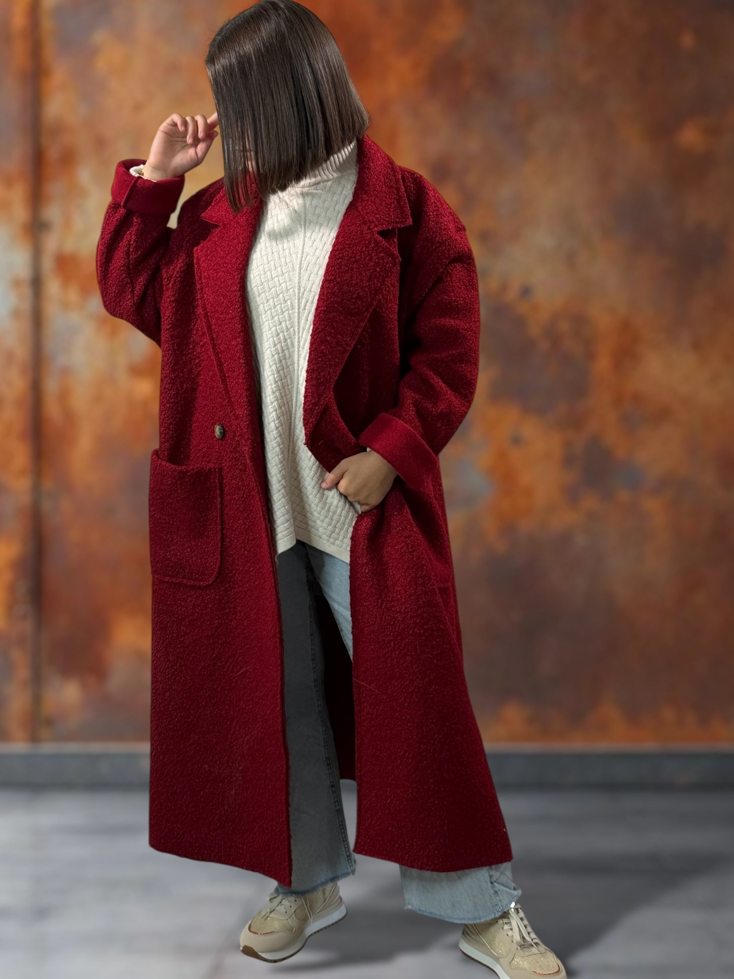 JULIEN - LONG MANTEAU BORDEAUX EN BOUCLETTE JUSQU'A LA TAILLE 50/52