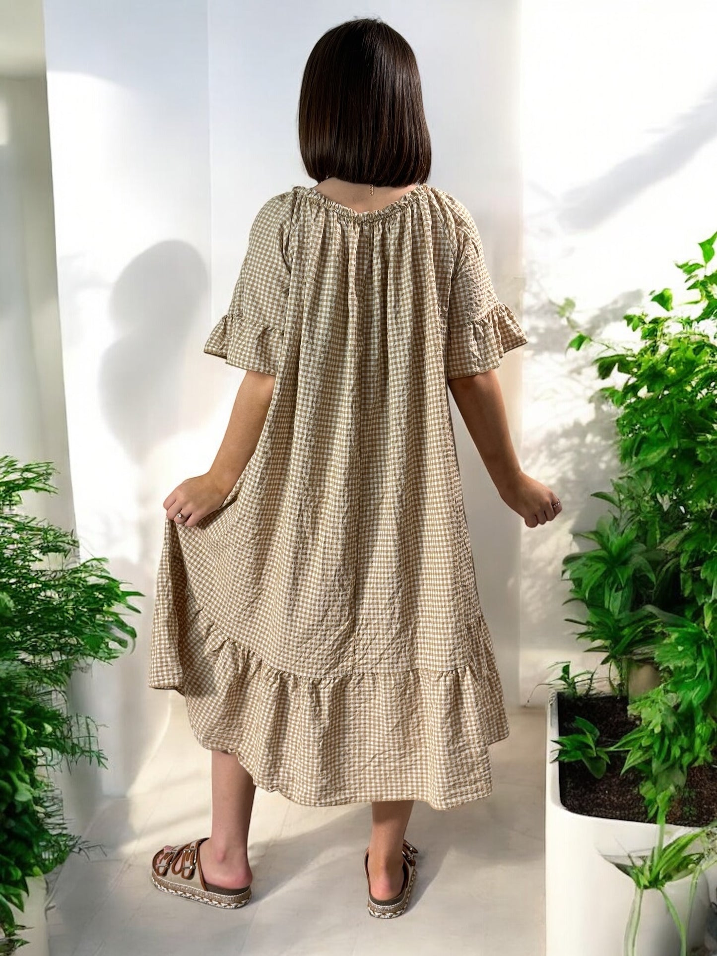 CAROLINE - ROBE VICHY CAMEL JUSQU'A LA TAILLE 54