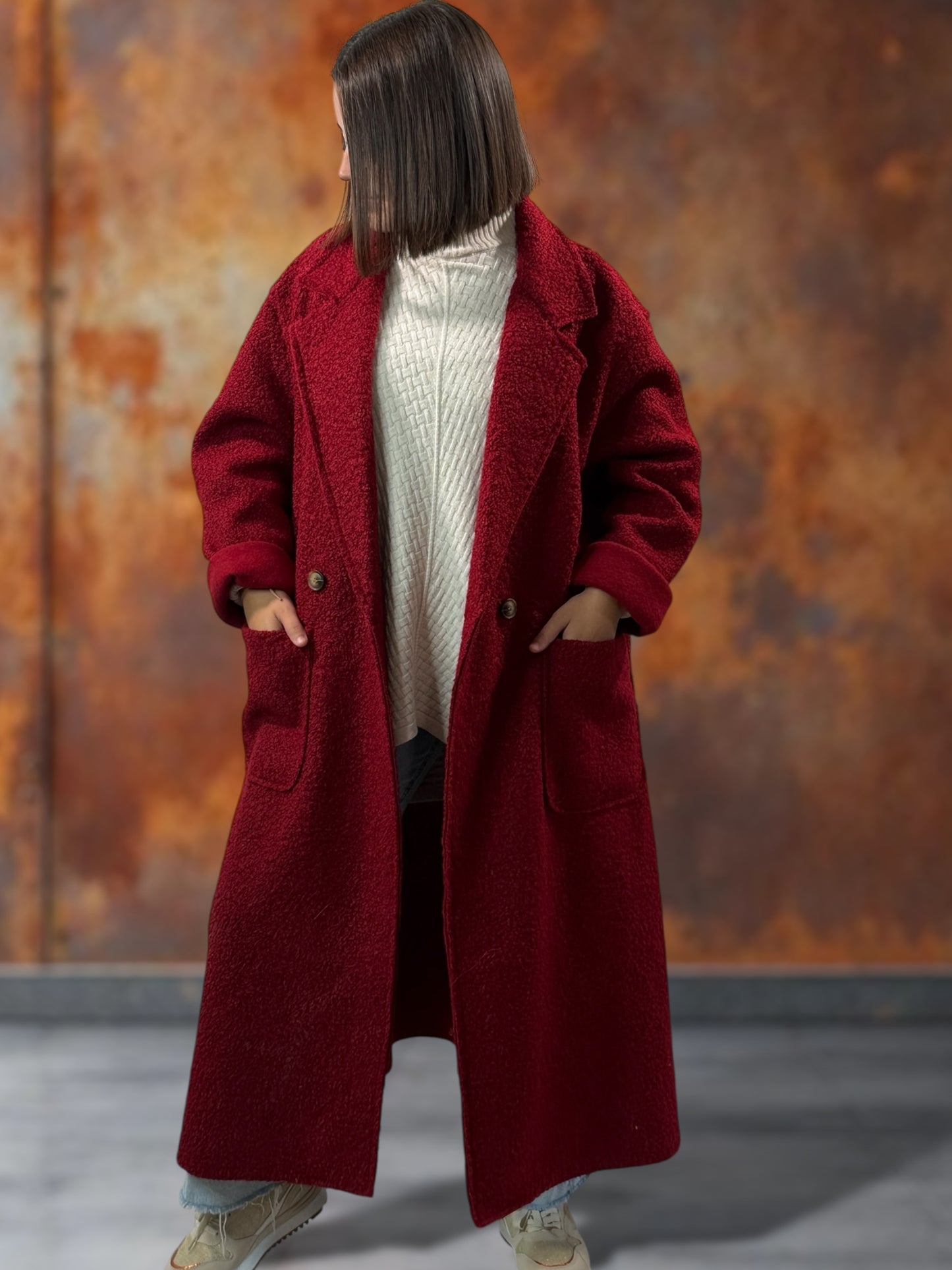 JULIEN - LONG MANTEAU BORDEAUX EN BOUCLETTE JUSQU'A LA TAILLE 50/52