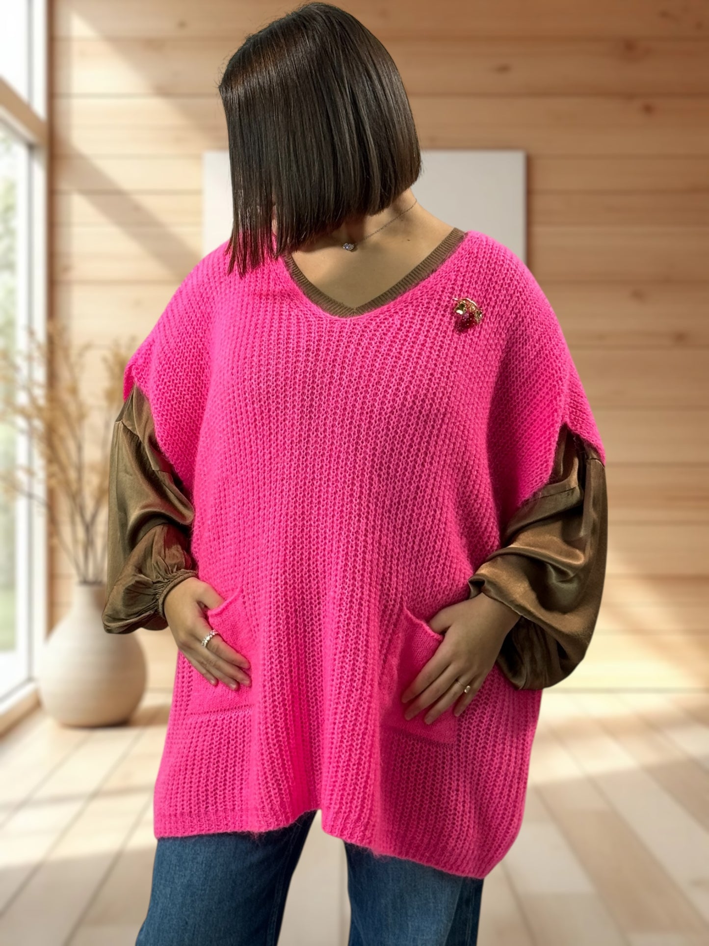 ENZO - PULL FUCHSIA OVERSIZE JUSQU'A LA TAILLE 56