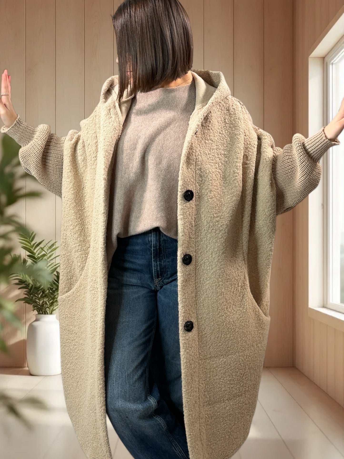 VIRGINIE - MANTEAU OVERSIZE BEIGE A CAPUCHE JUSQU'A LA TAILLE 54