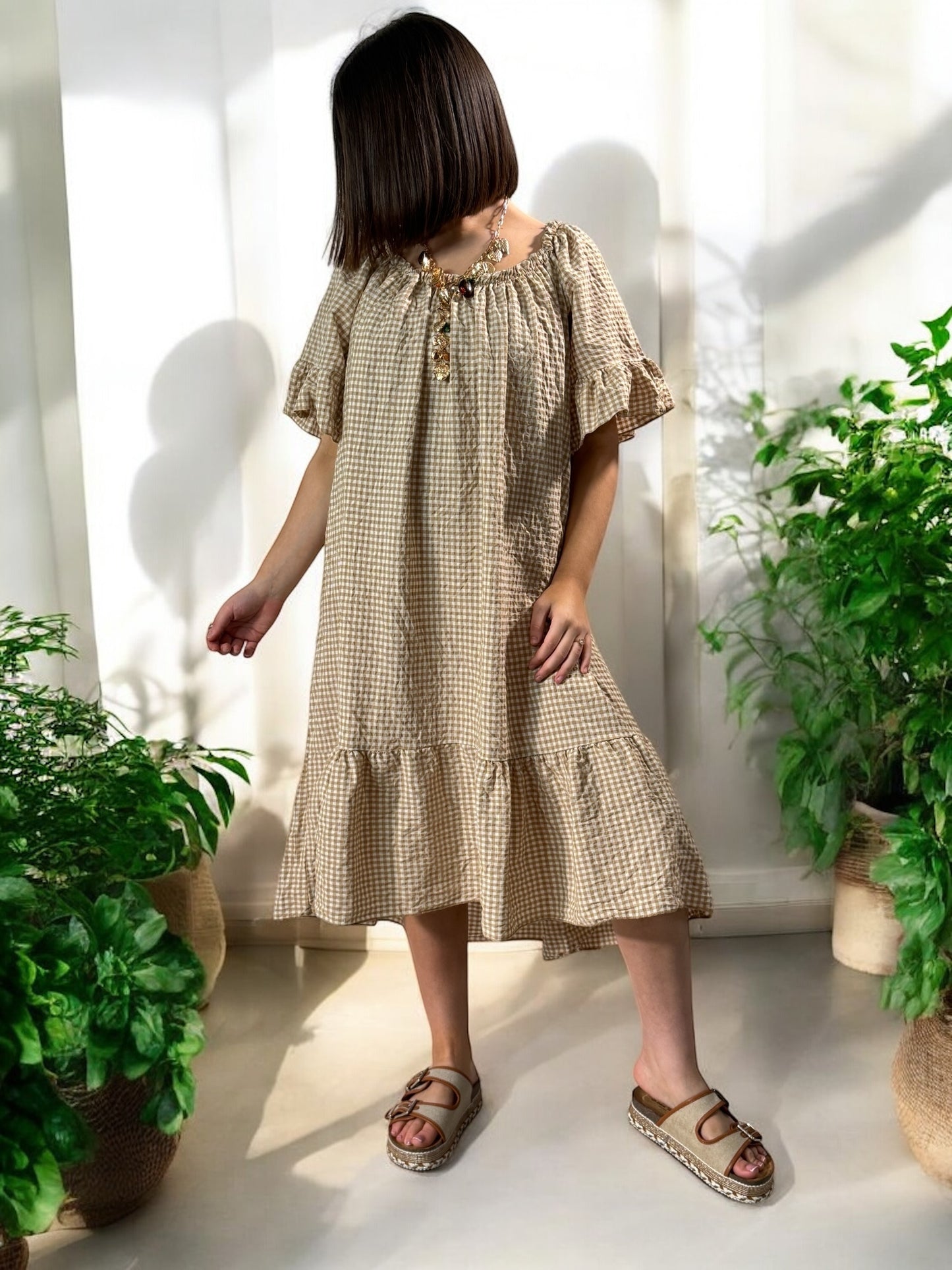 CAROLINE - ROBE VICHY CAMEL JUSQU'A LA TAILLE 54