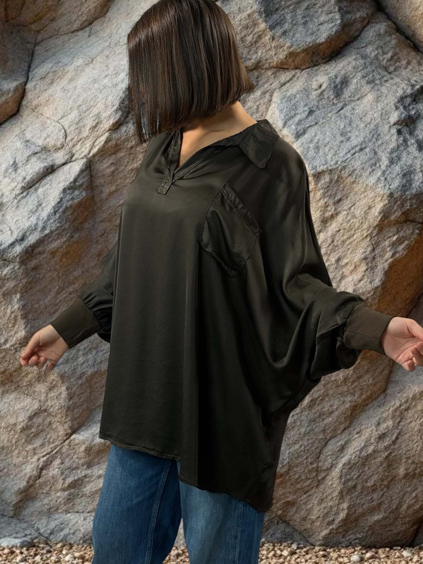 MONICA - TUNIQUE MARRON OVERSIZE ASPECT SOIE JUSQU'A LA TAILLE 56