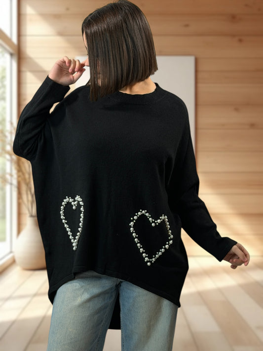 GLORIA - PULL OVERSIZE NOIR AVEC PERLE JUSQU'A LA TAILLE 52/54