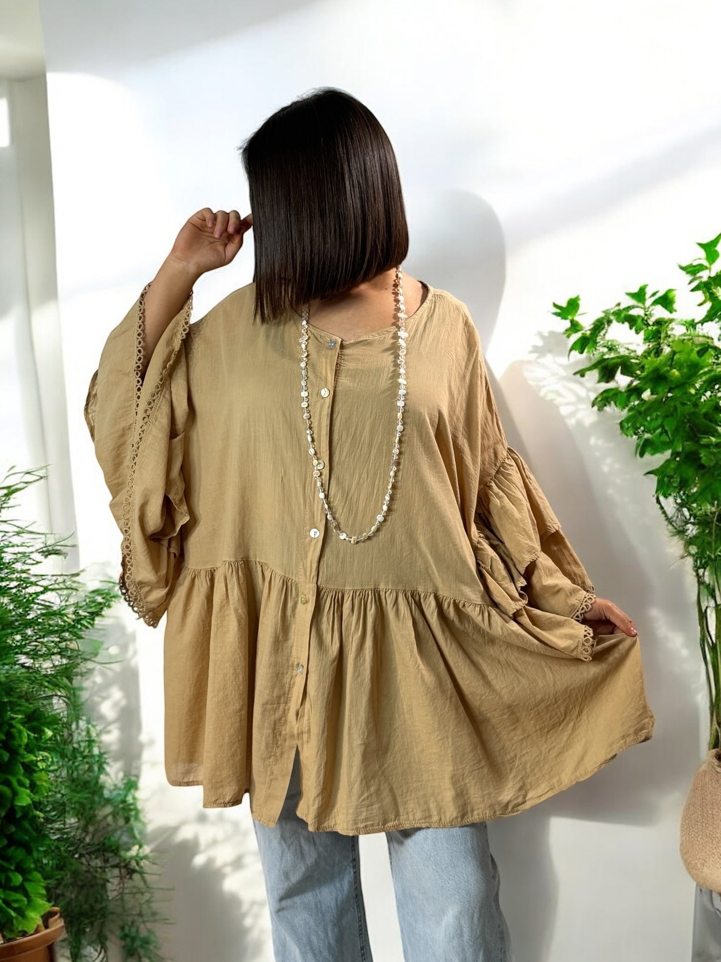 CORALINE - BLOUSE OVERSIZE CAMEL EN COTON JUSQU'A LA TAILLE 52/54