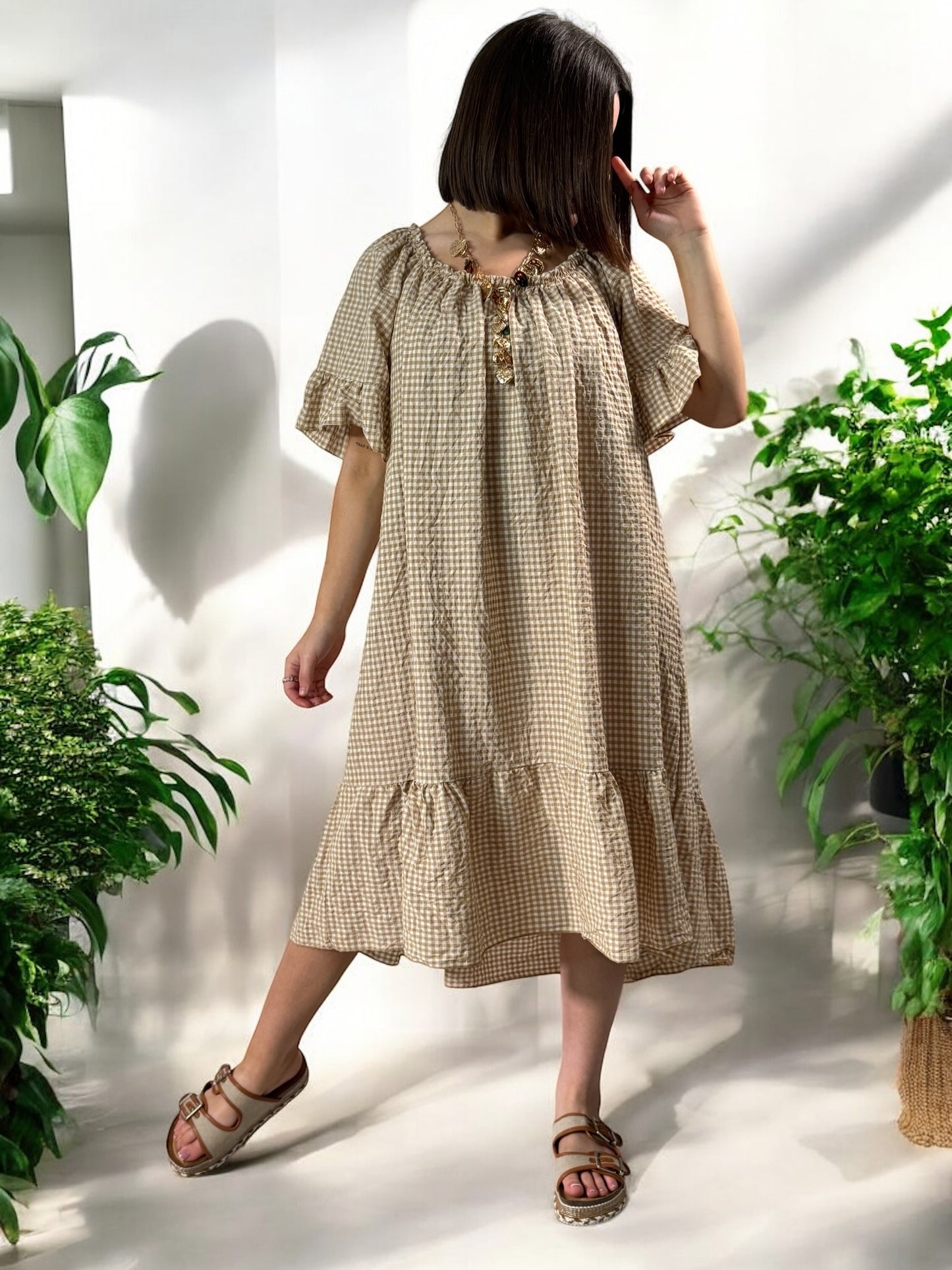 CAROLINE - ROBE VICHY CAMEL JUSQU'A LA TAILLE 54