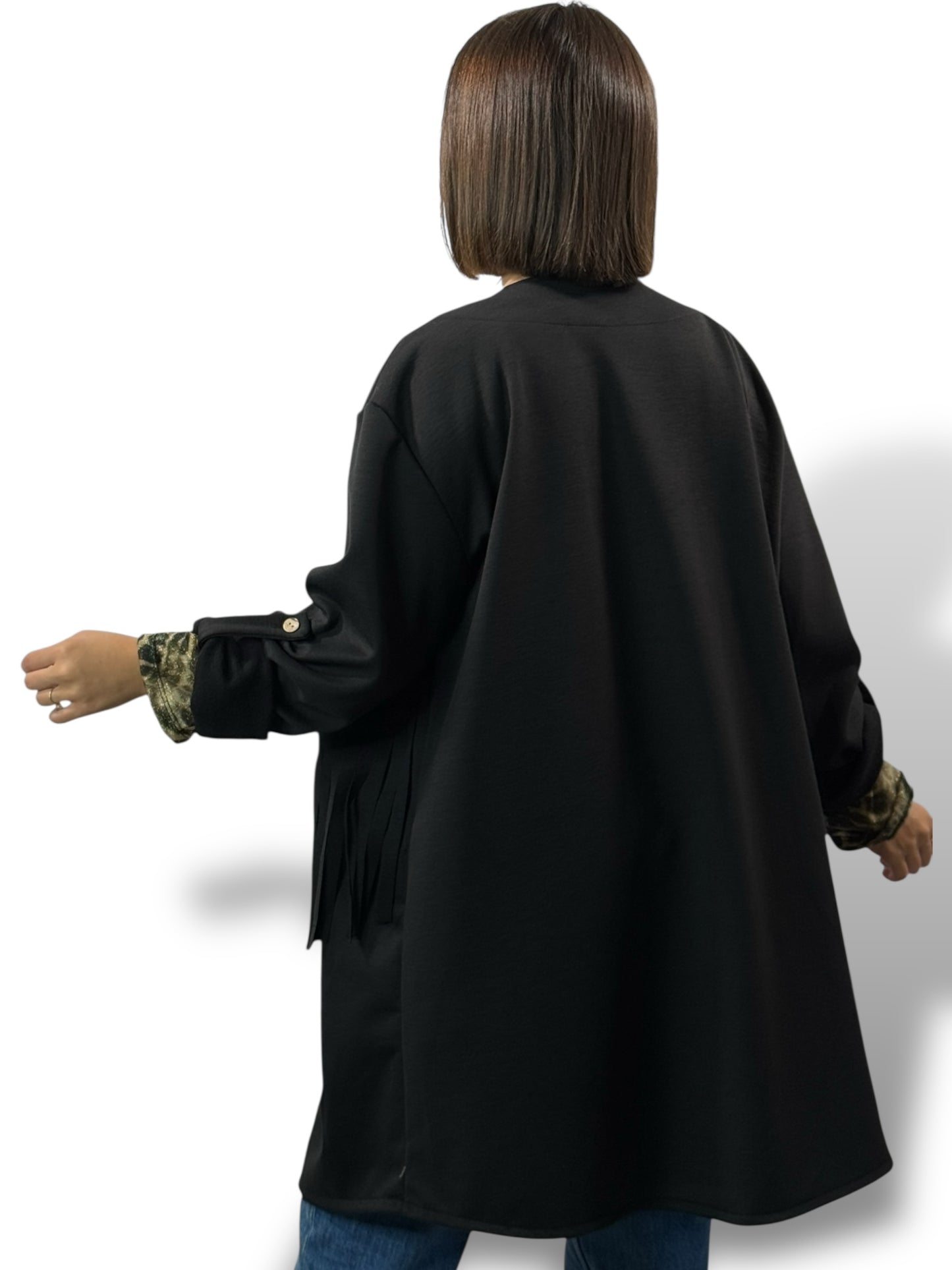 FERIA - VESTE NOIRE A FRANGE OVERSIZE JUSQU'A LA TAILLE 52/54