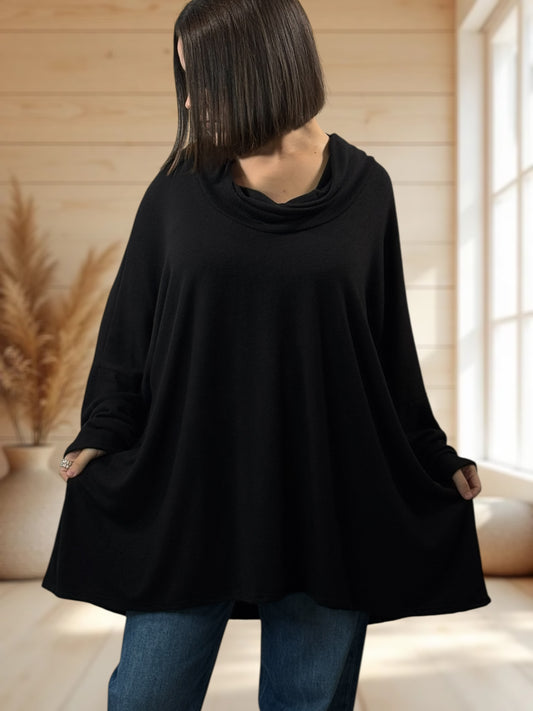 ABIGAIL - PULL OVERSIZE NOIR EN MAILLE FLUIDE JUSQU'A LA TAILLE 56