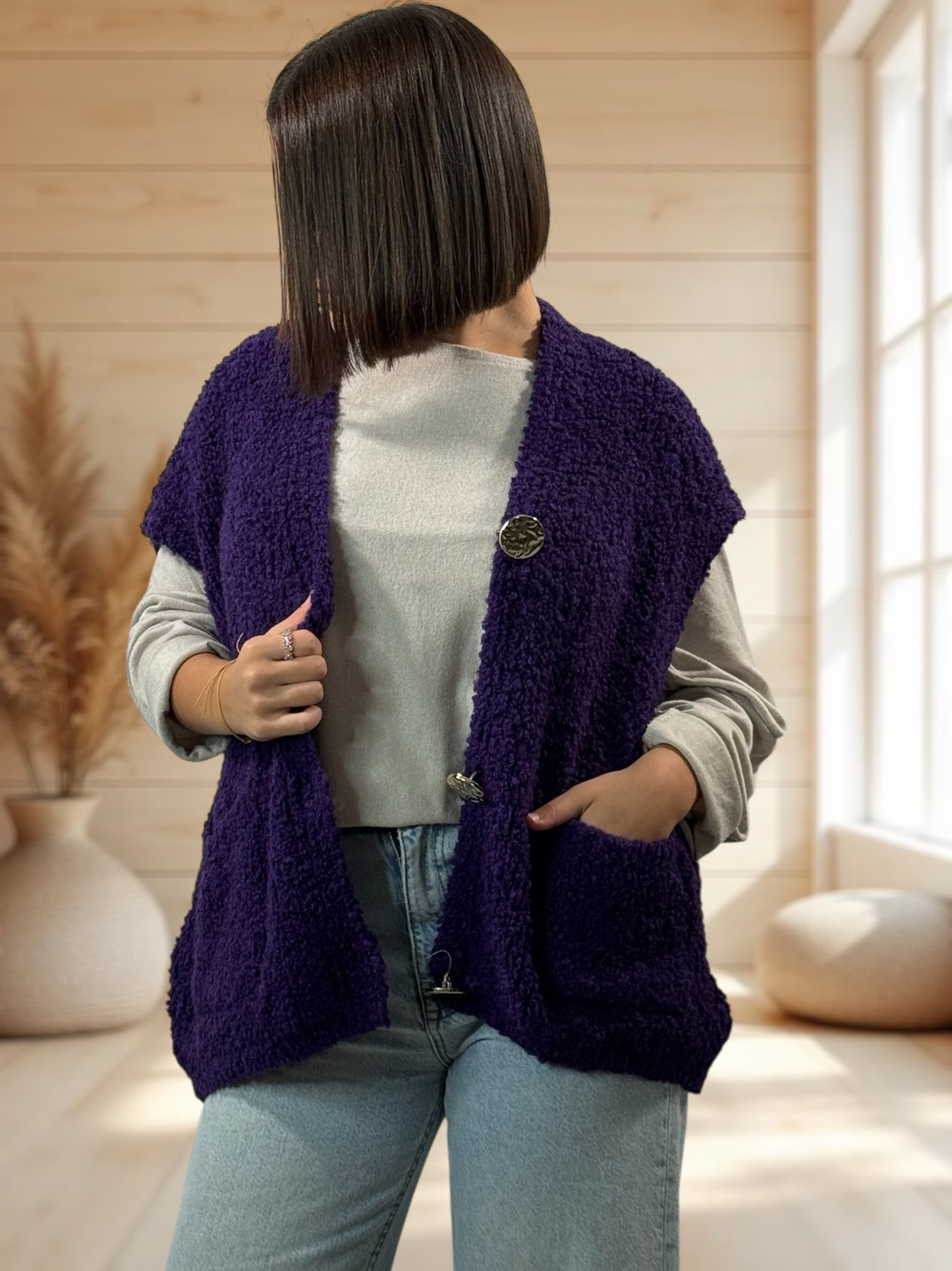 NICO - GILET VIOLET SANS MANCHES 2 POCHES JUSQU'A LA TAILLE 56