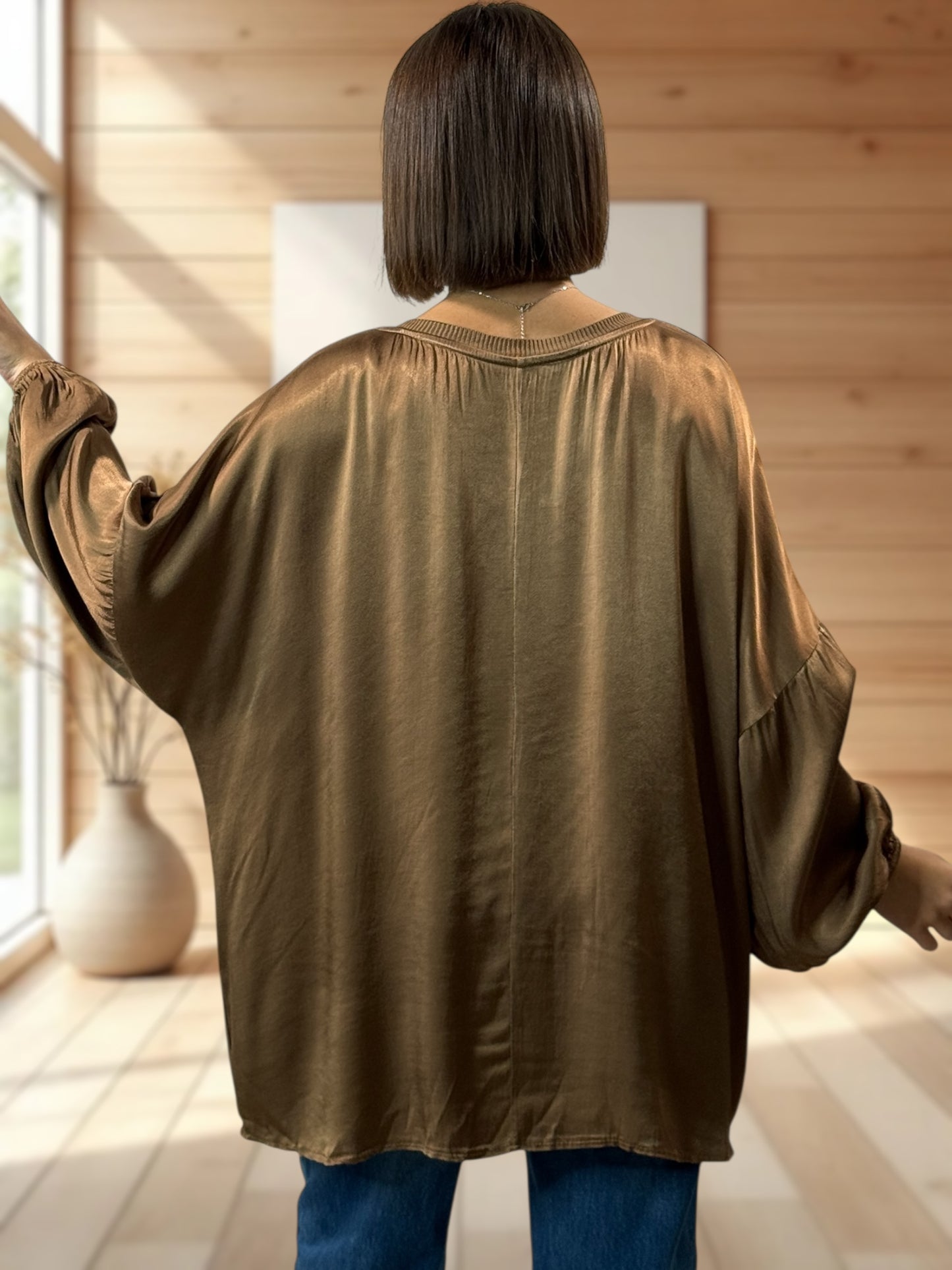 BARBARA - TUNIQUE CAMEL OVERSIZE ASPECT SOIE JUSQU'A LA TAILLE 52