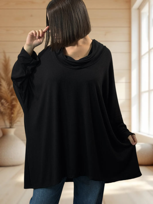 ABIGAIL - PULL OVERSIZE NOIR EN MAILLE FLUIDE JUSQU'A LA TAILLE 56