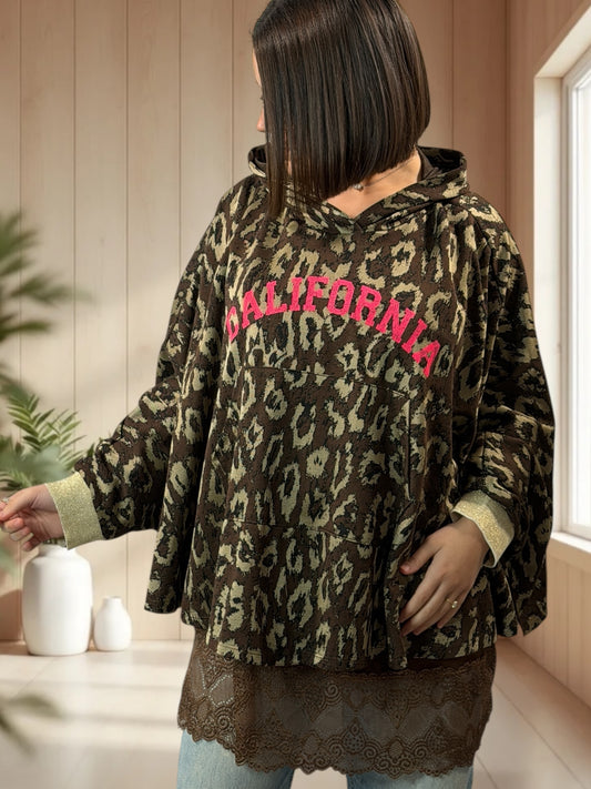 CALIFORNIA - BLOUSE A CAPUCHE LEOPARD JUSQU'A LA TAILLE 52/54