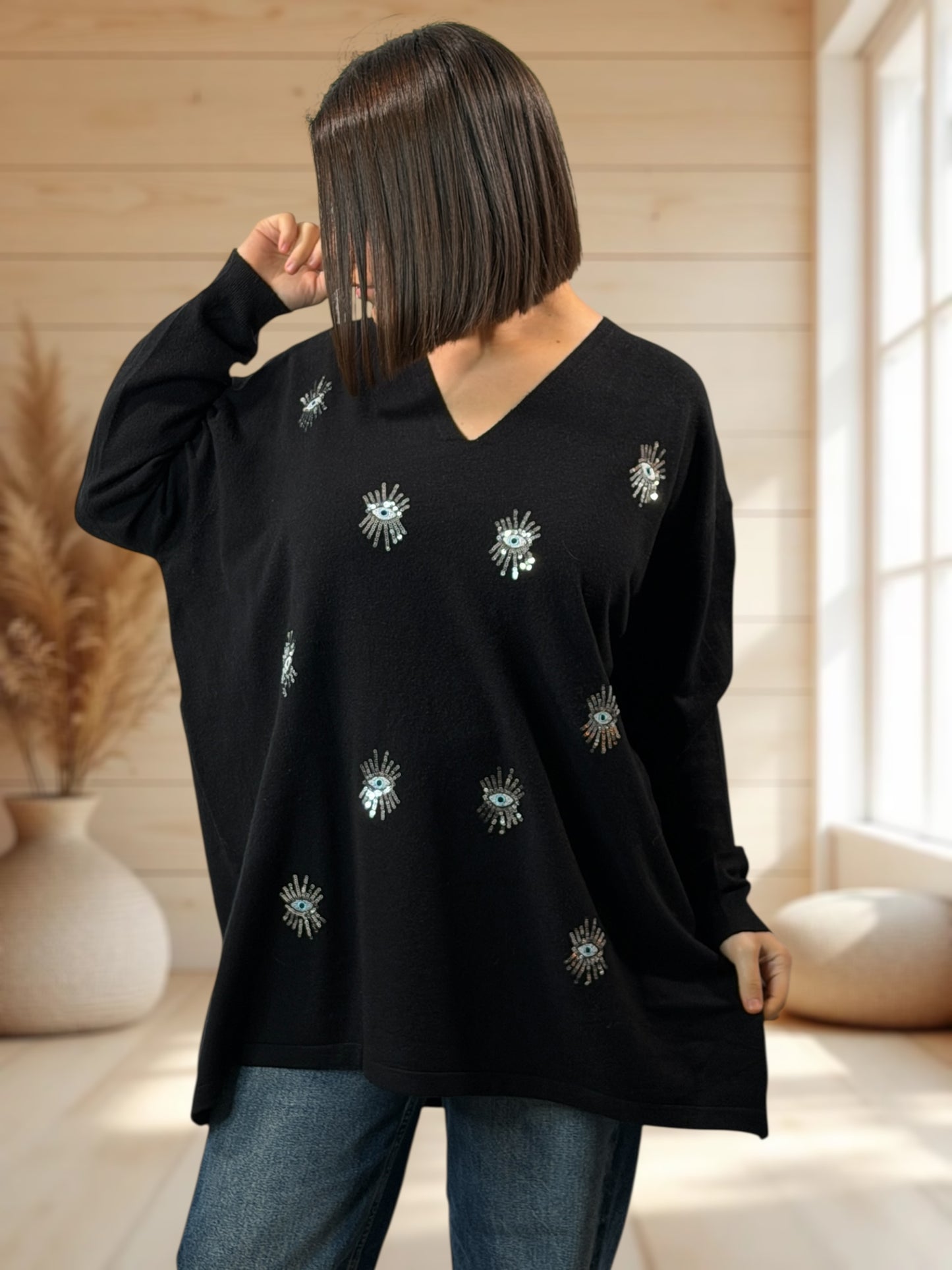 RITA - PULL OVERSIZE NOIR AVEC OEIL EN SEQUINS JUSQU'A LA TAILLE 54