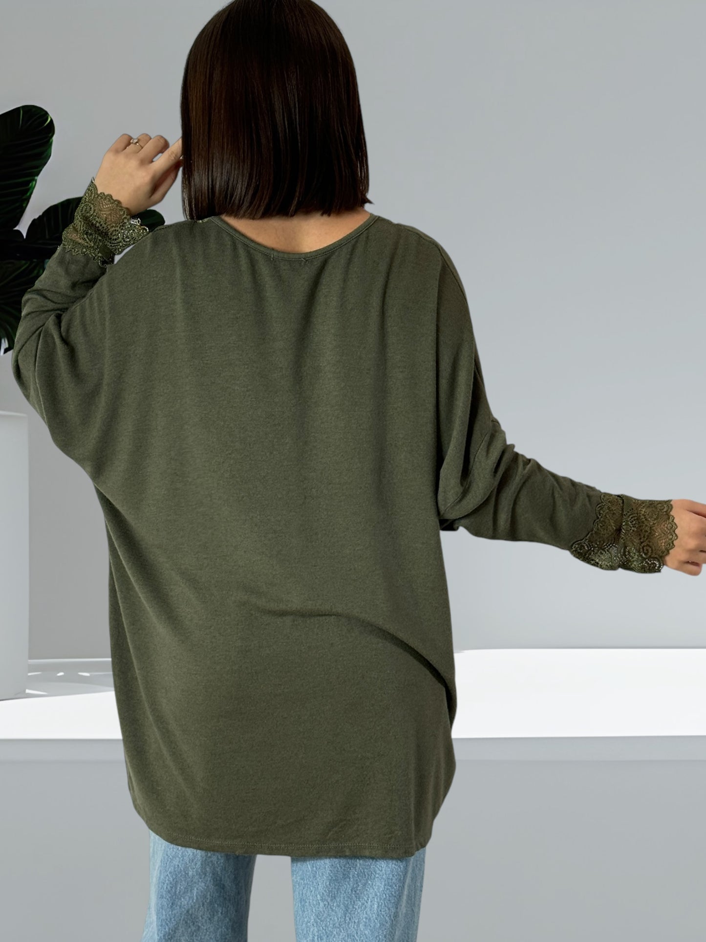 VALENTINA - PULL KAKI EN MAILLE BORDE DE DENTELLE JUSQU'A LA TAILLE 54