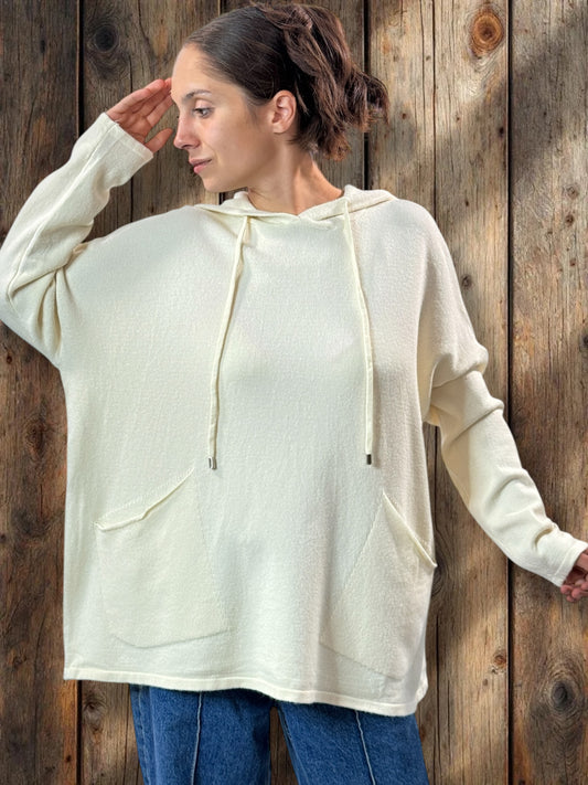 ANDREA - PULL BLANC CASSE 2 POCHES AVEC CAPUCHE JUSQU'A LA TAILLE 52