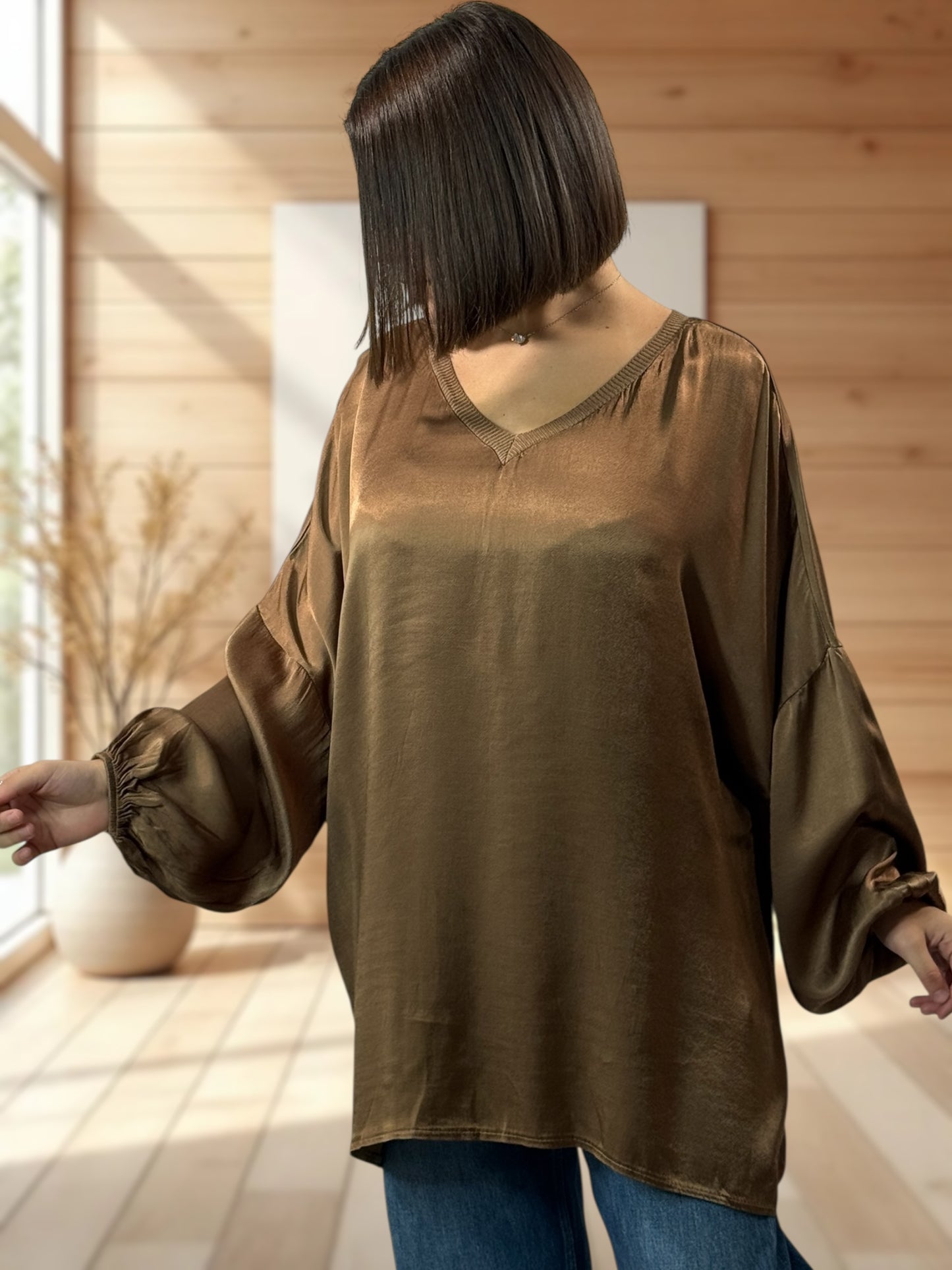 BARBARA - TUNIQUE CAMEL OVERSIZE ASPECT SOIE JUSQU'A LA TAILLE 52