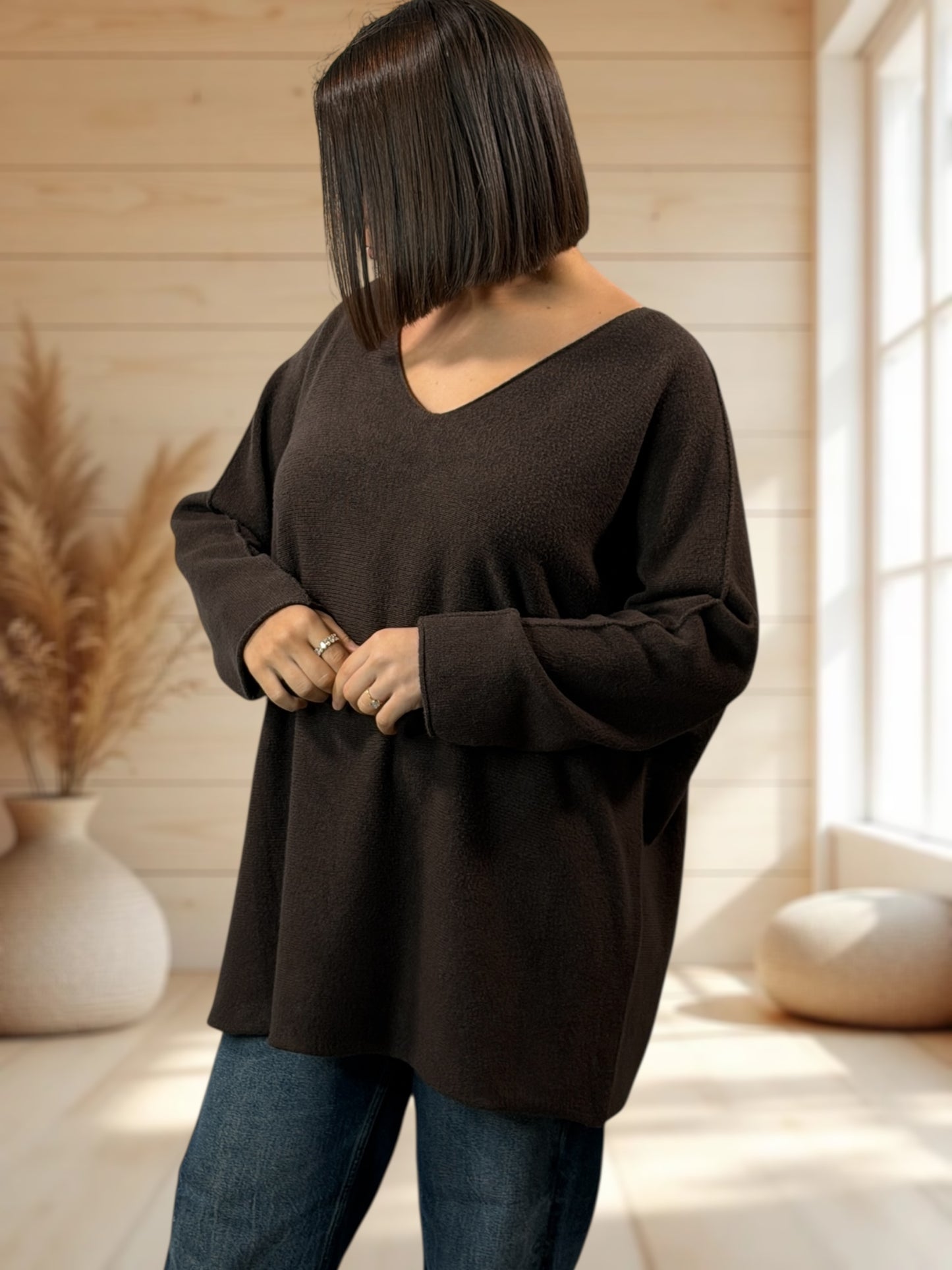 LARA - PULL OVERSIZE MARRON JUSQU'A LA TAILLE 54