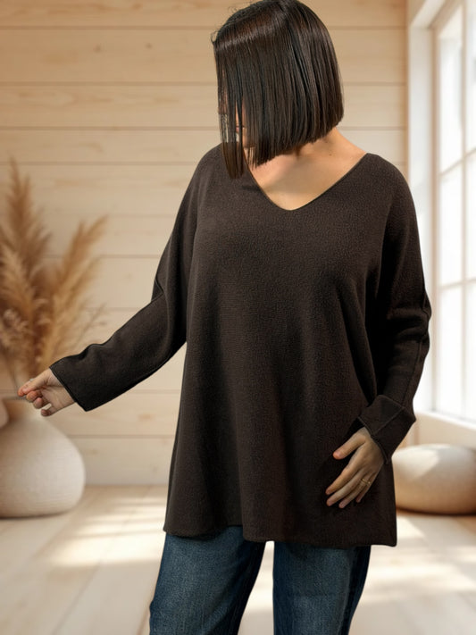 LARA - PULL OVERSIZE MARRON JUSQU'A LA TAILLE 54