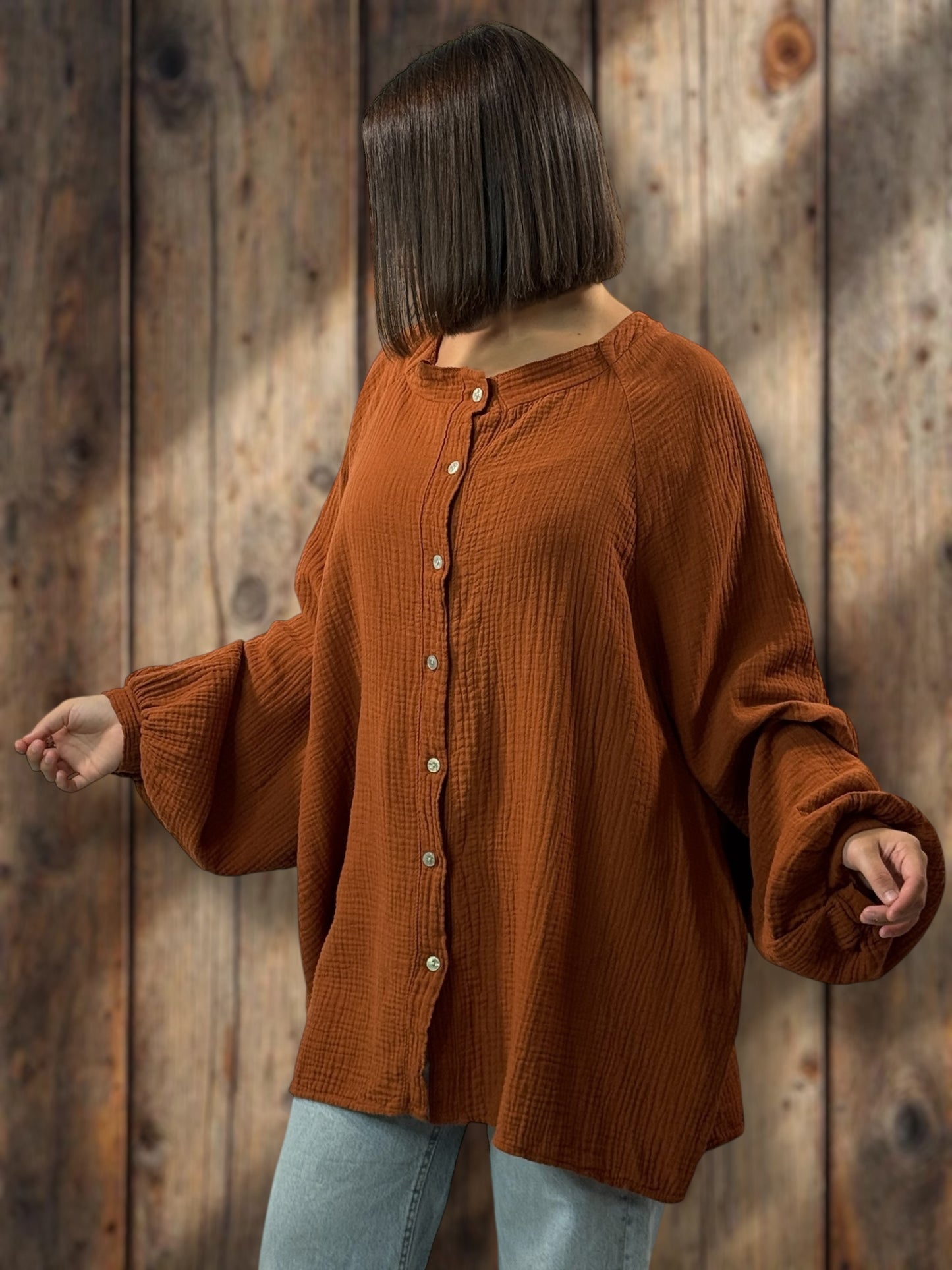 TIRAMISU - CHEMISE OVERSIZE TERRACOTTA EN GAZE DE COTON JUSQU'A LA TAILLE 56
